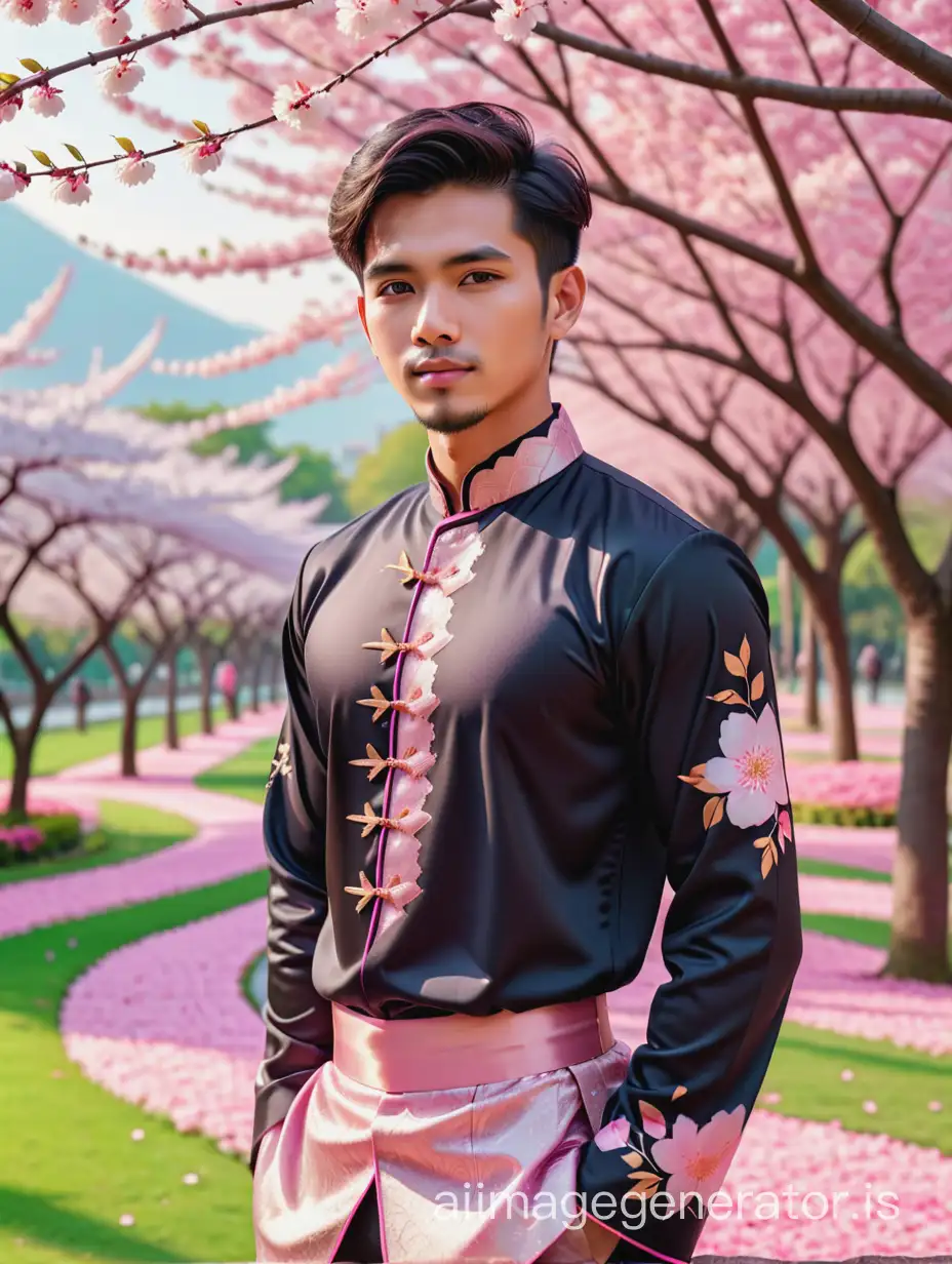 A young handsome malay man, black short hair, wearing baju melayu, colour neon rose gold for eid celebration. Posing in sakura garden filled with sakura blooming pink flower. Very beautiful view. 4K UHD, hyper realistic photo.