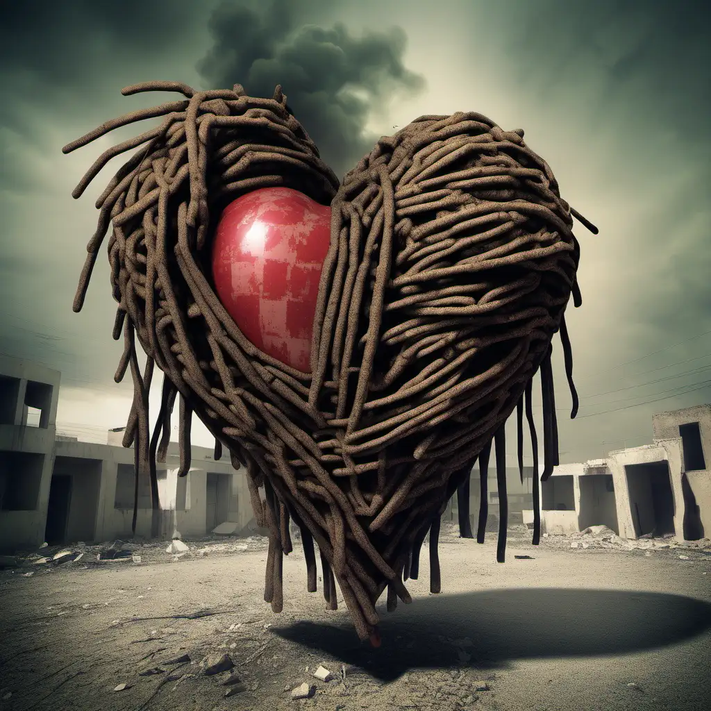 create an image of a heart with dreads healing in a war zone