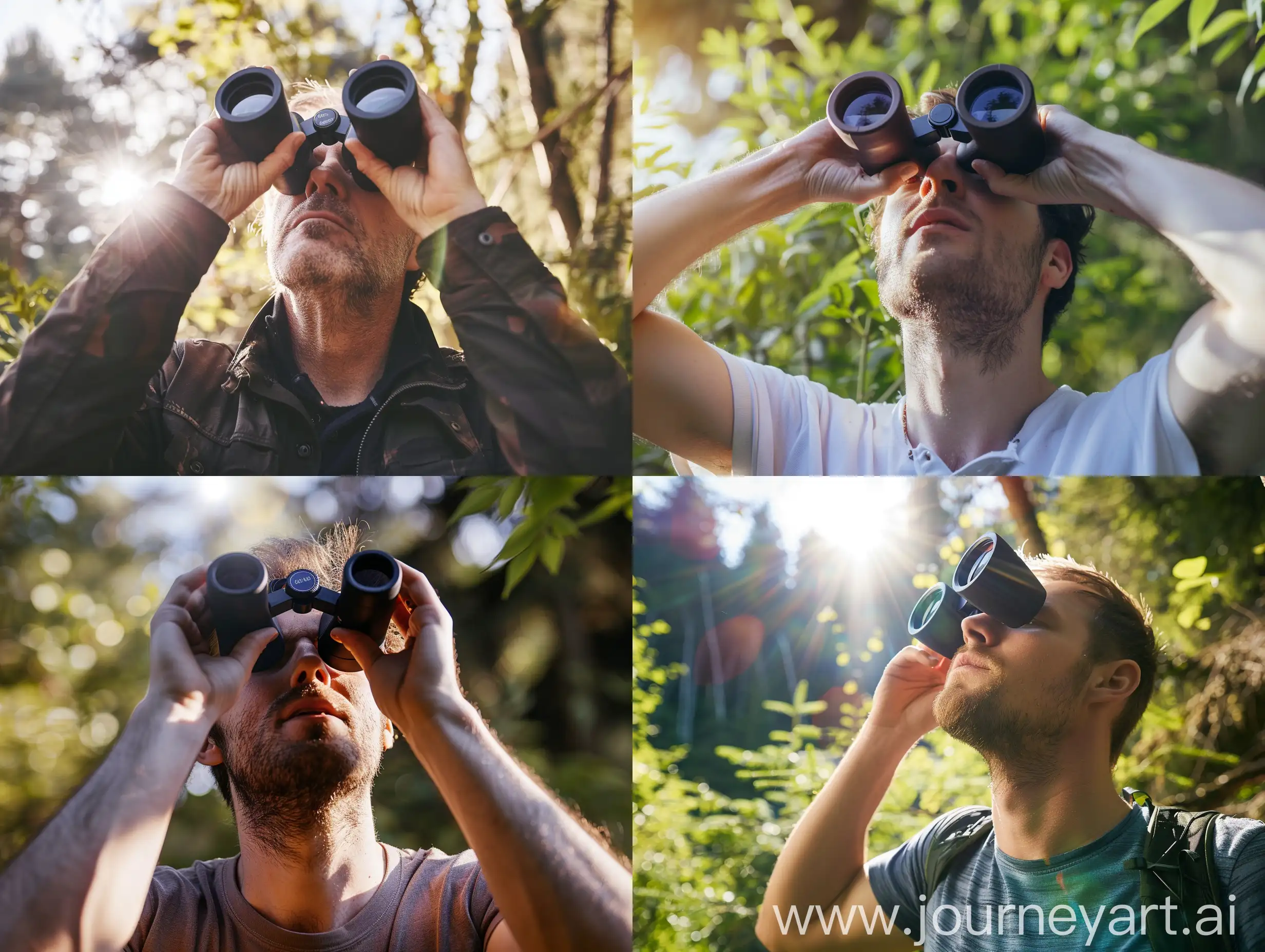 Man-Using-Binoculars-to-Observe-Distant-Scenery-in-Sunshine-Nature