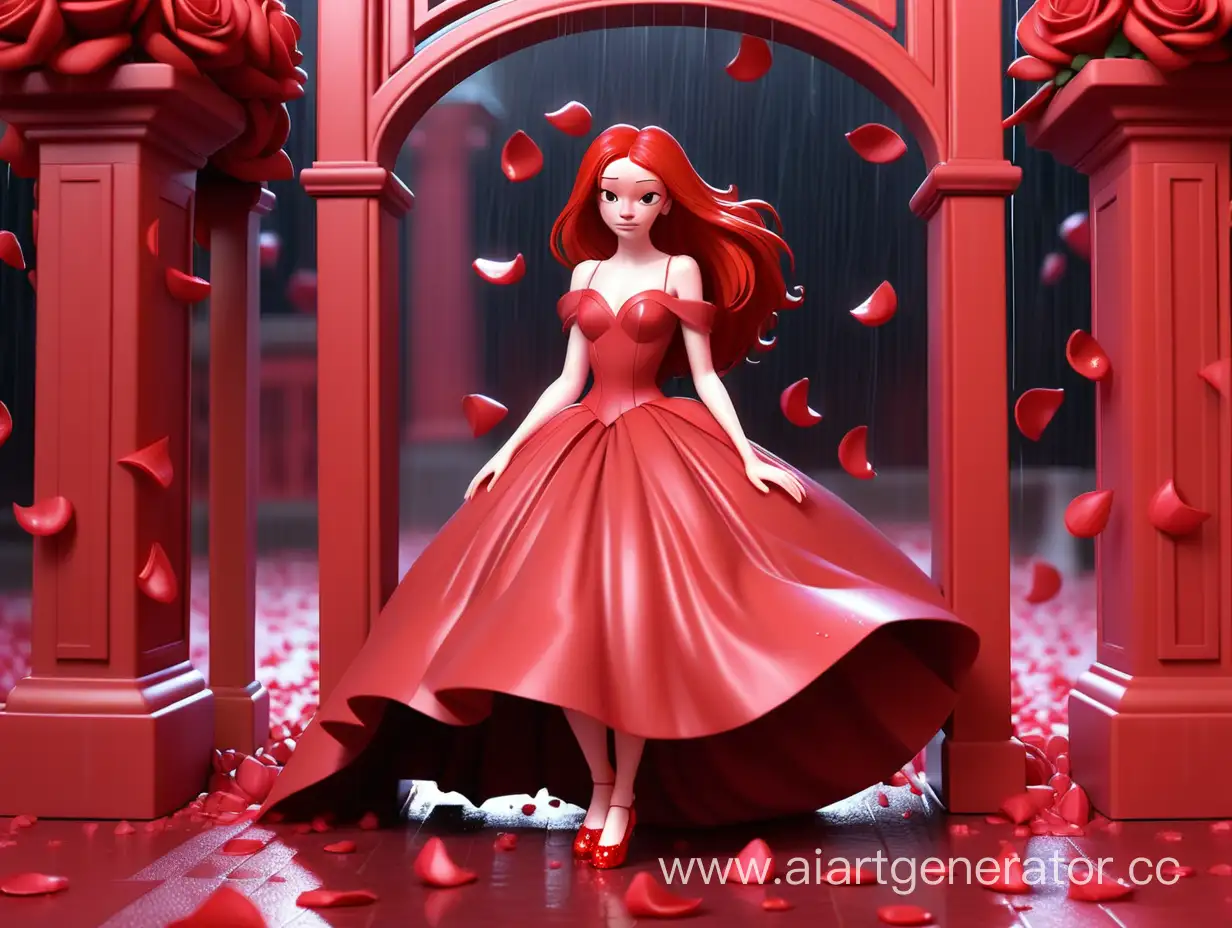 На красном фоне в красном цвете девушка с красными волосами с красным бальным платьем и красными хрустальнными туфлями стоит под красными воротами и на неё льётся дождь из лепестков роз которые падают на пол