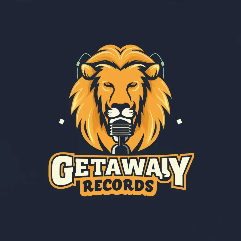 logo, Lion,  Microphone, music symbol, with the text "GetAway Records", typography, be used in Entertainment industry