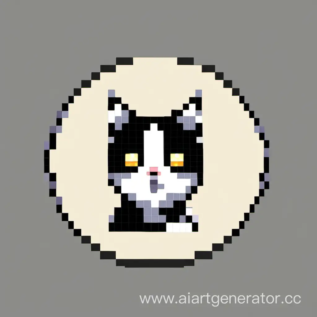 The pixel art cat is black and white, 64 by 64 pixels.