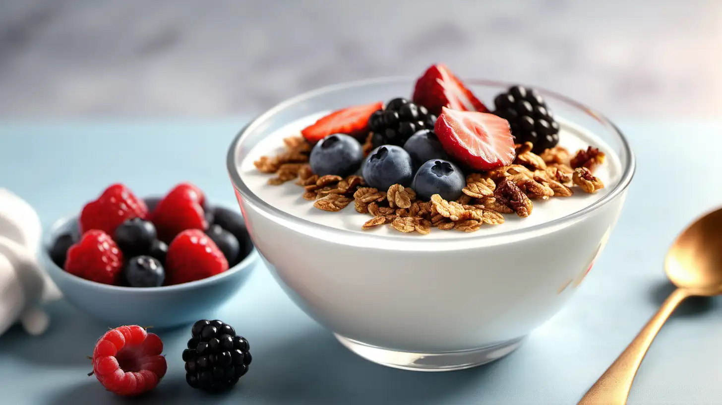 Greek yogurt topping with granola and fresh berries. kitchen background. moning light.copy space. Generated with AI.