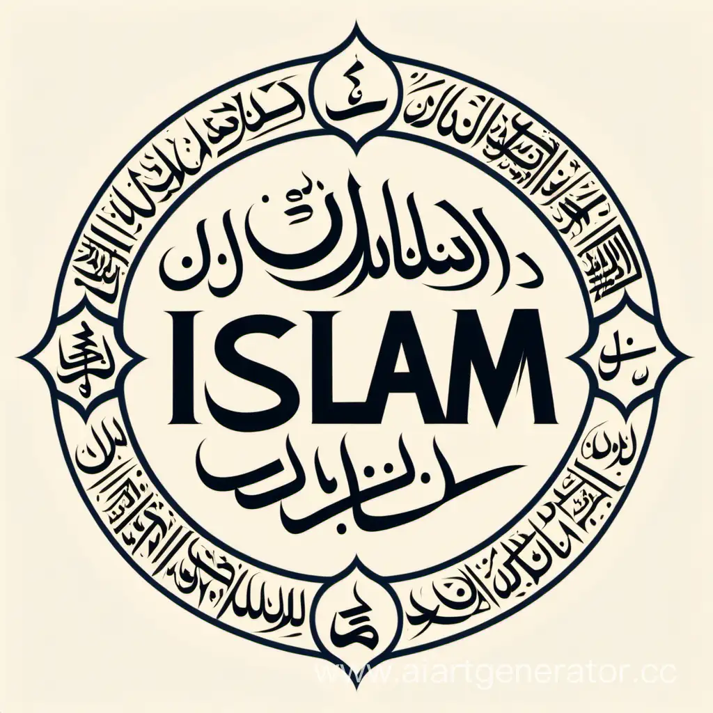 Нарисуйте мне логотип с языками мусульманских стран, приоритет арабский и персидский и пушту и китайский и японский и корейский и английский и русский с надписью Ислам   на разных языках