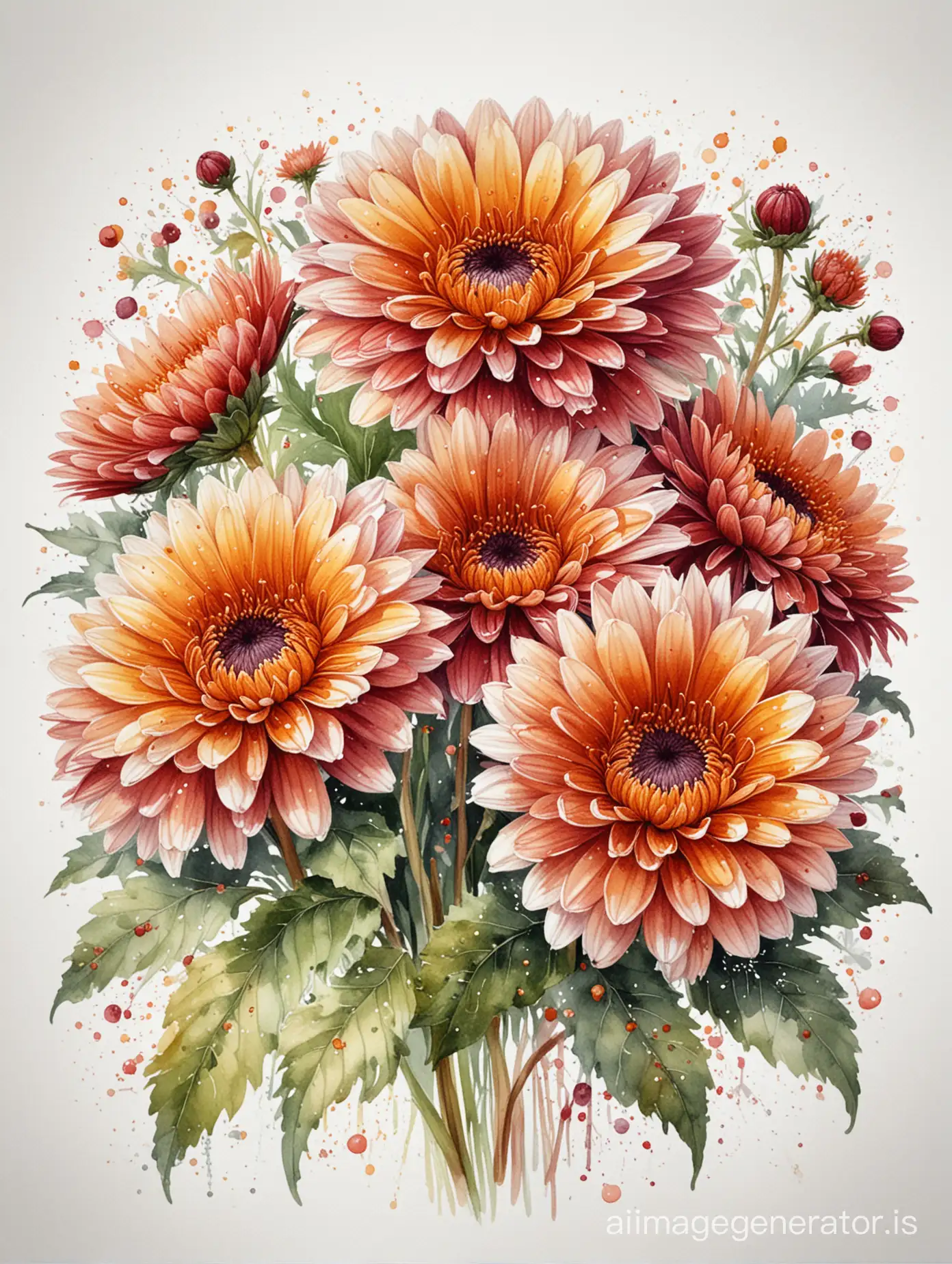 Watercolour. A gorgeous bouquet of burgundy and orange terry chrysanthemums with a white border around the edges of the petals with transparent dew drops on the petals and leaves. Drawing on a white background