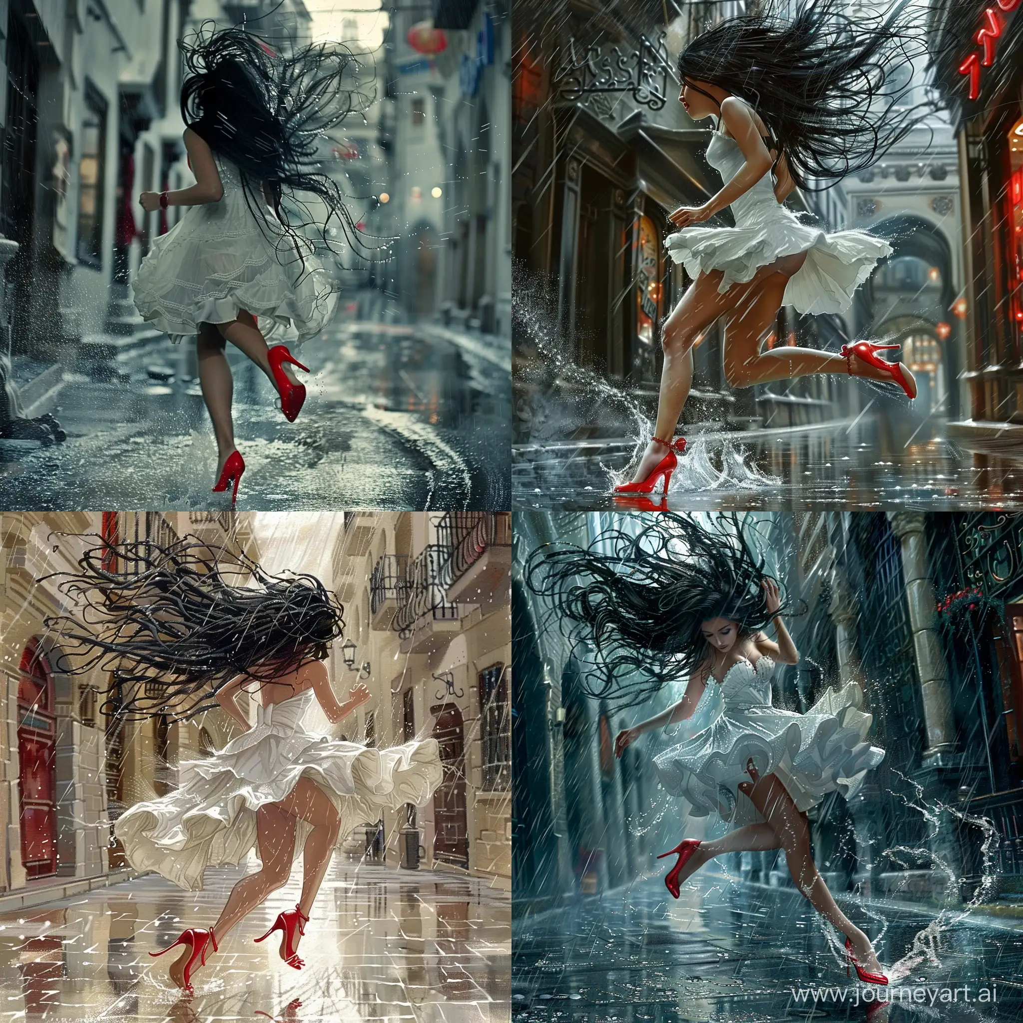 a Persian tall girl with black hair and white dress and red high heels, running in a street under the rain and her hair and dress are wet