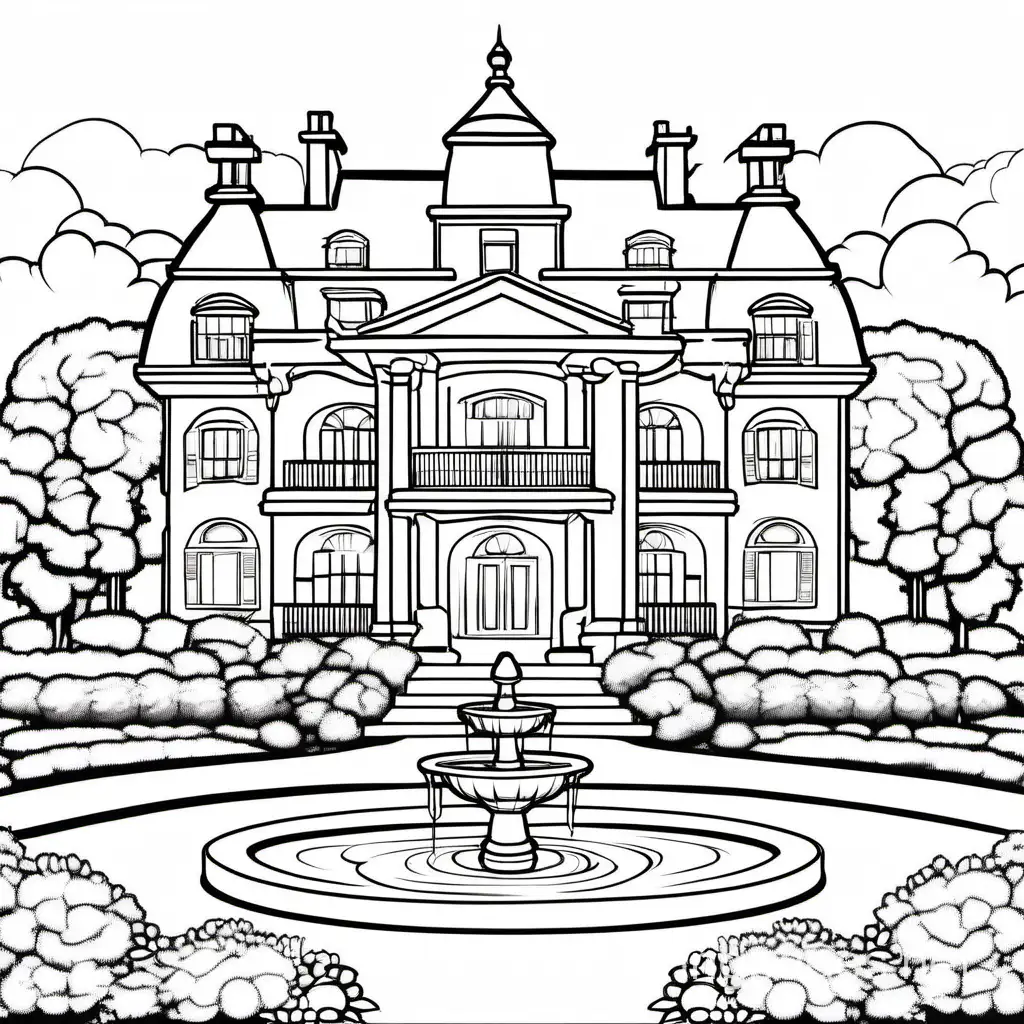 Mansion-Garden-and-Fountain-Coloring-Page-Simple-Black-and-White-Line-Art-for-Kids