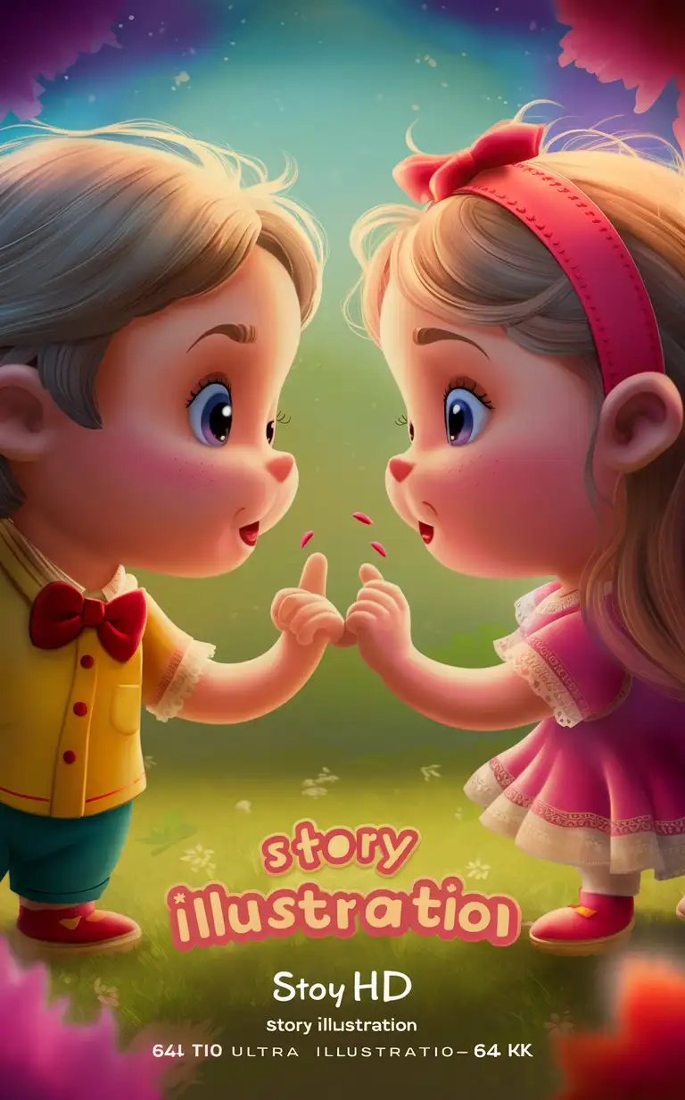 Little cute and sweet boy and girl ( long hair ) couple friends, soft features, cute very sweet outfit, quarelling, animated 3d, story illustration, bright, ultra hd, 64K, bright, perfect prominent features, Dalle 3, 10:16 ratio