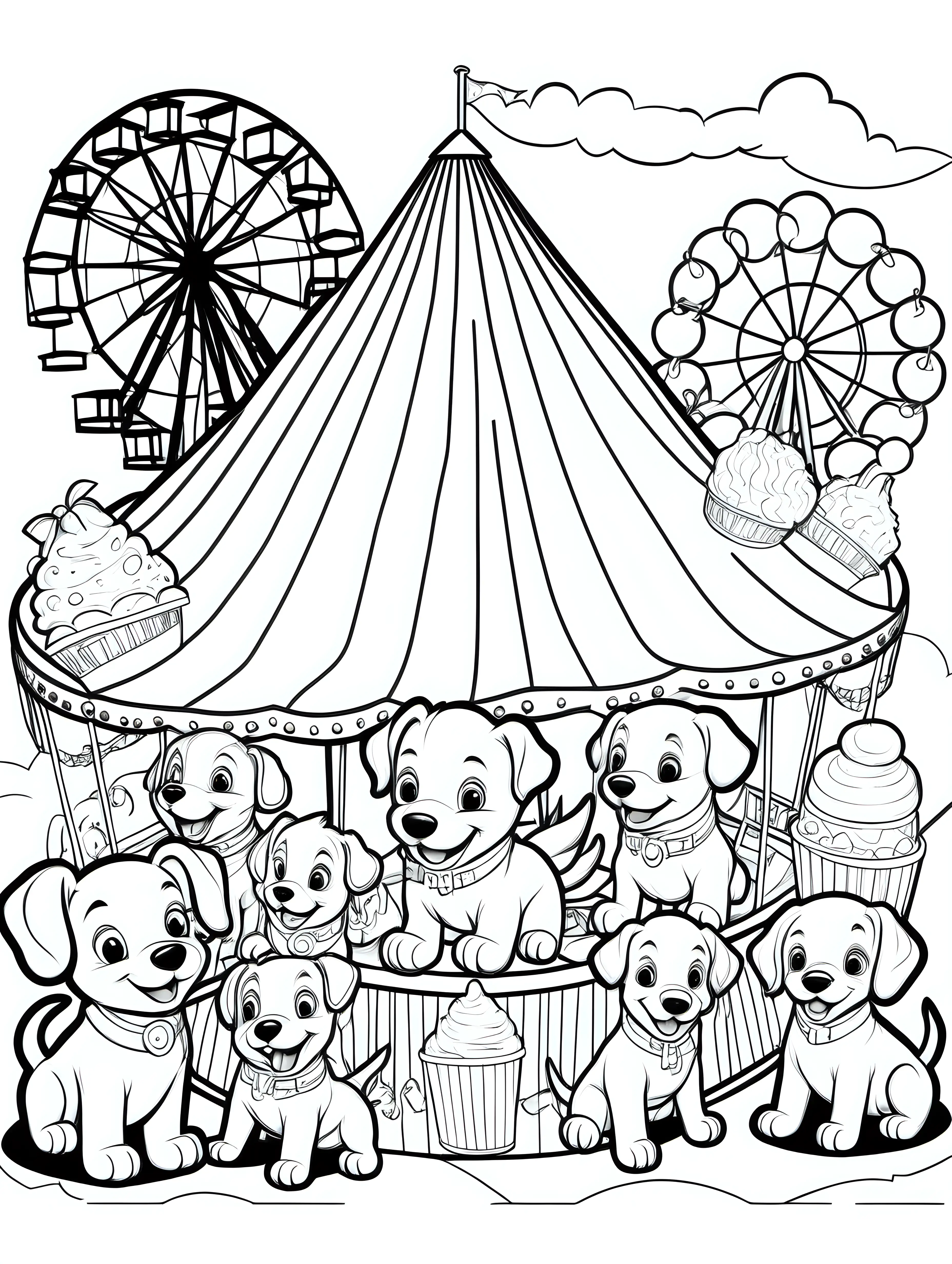 Coloring book page for young child, Puppies at the Carnival: Puppies enjoying carnival rides, cotton candy, and games at a lively carnival,  no bleed, Coloring Page, black and white, line art, white background, Simplicity, Ample White Space. The background of the coloring page is plain white to make it easy for young children to color within the lines. The outlines of all the subjects are easy to distinguish, making it simple for kids to color without too much difficulty, no color on page