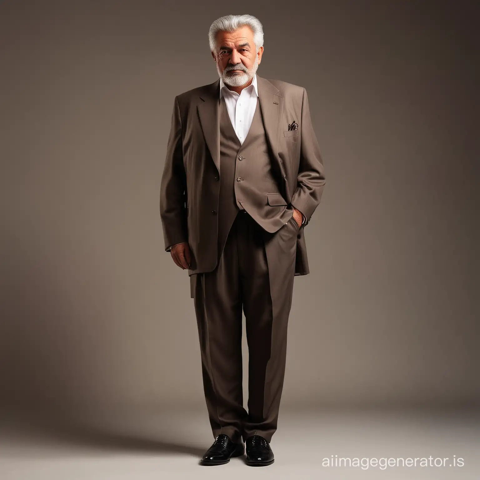 Iranian luxury fat old man, 70 years old, shot at height, wearing dark brown suit, white shirt, black shoes, grey hair, full body shot, full body shot, fantasy light cream solid background, dramatic lighting.