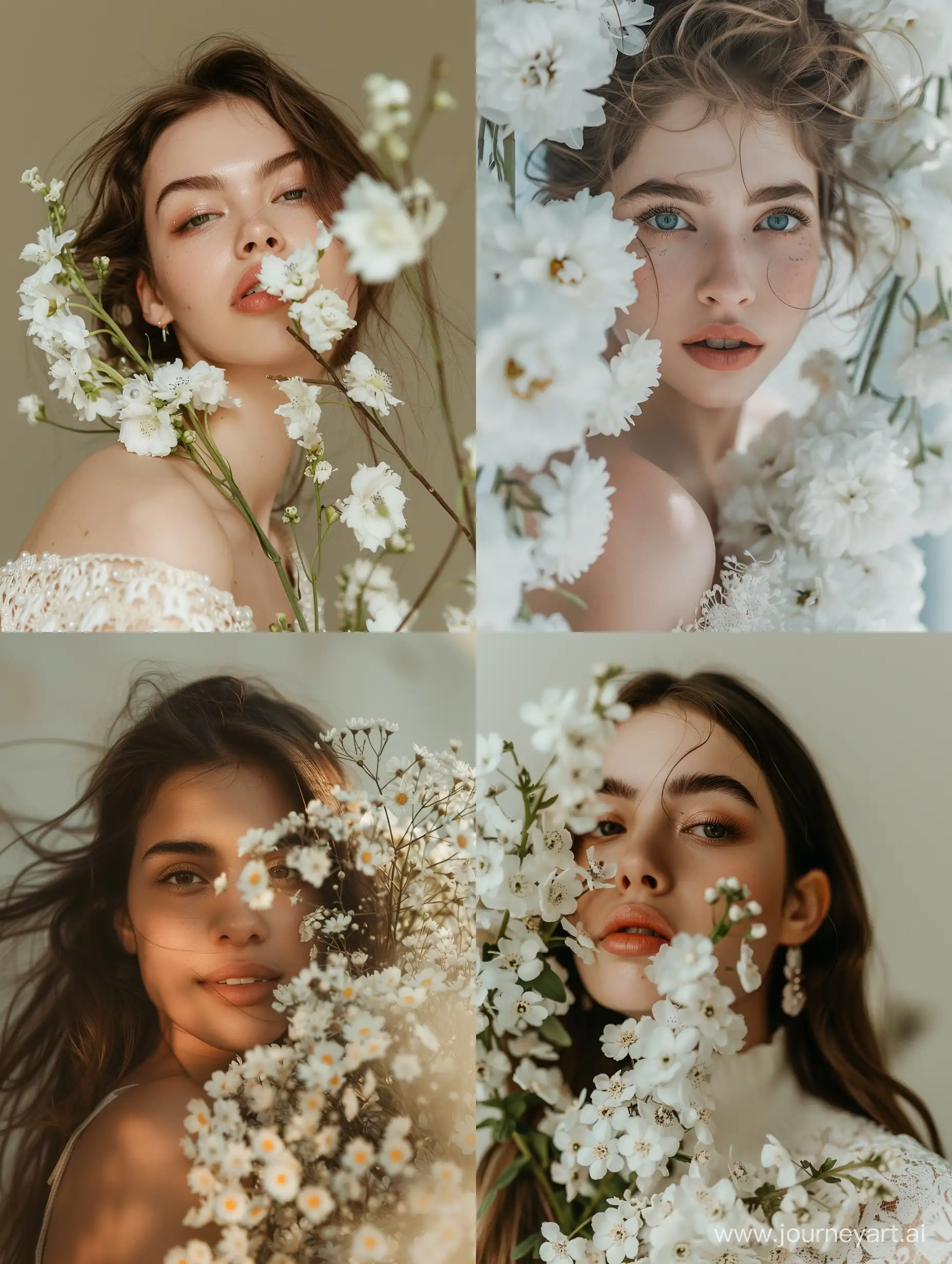 create a photo of woman with white flower bouqet