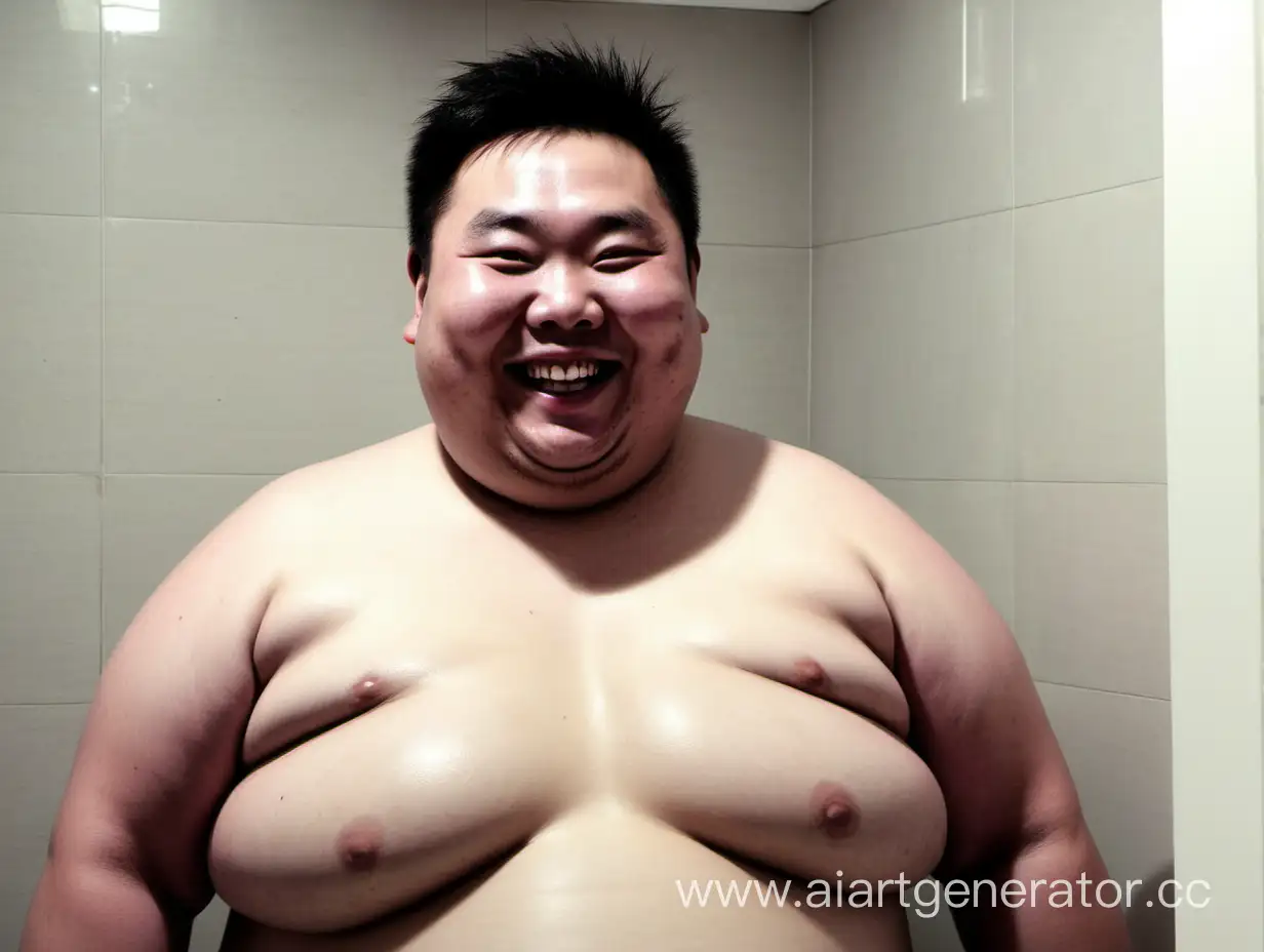 улыбчивый Китаец - жиробас в туалетной комнате