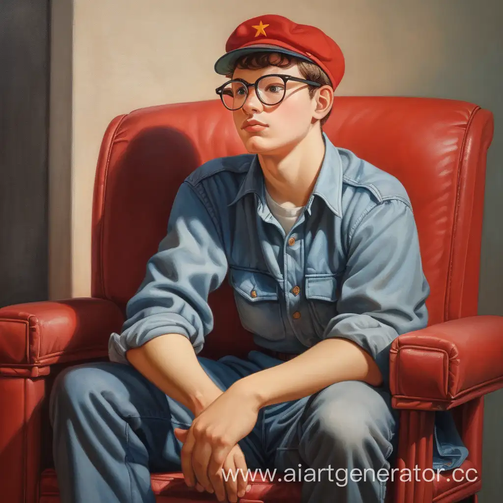Young-Communist-in-Glasses-and-Cap-Sitting-on-a-Chair