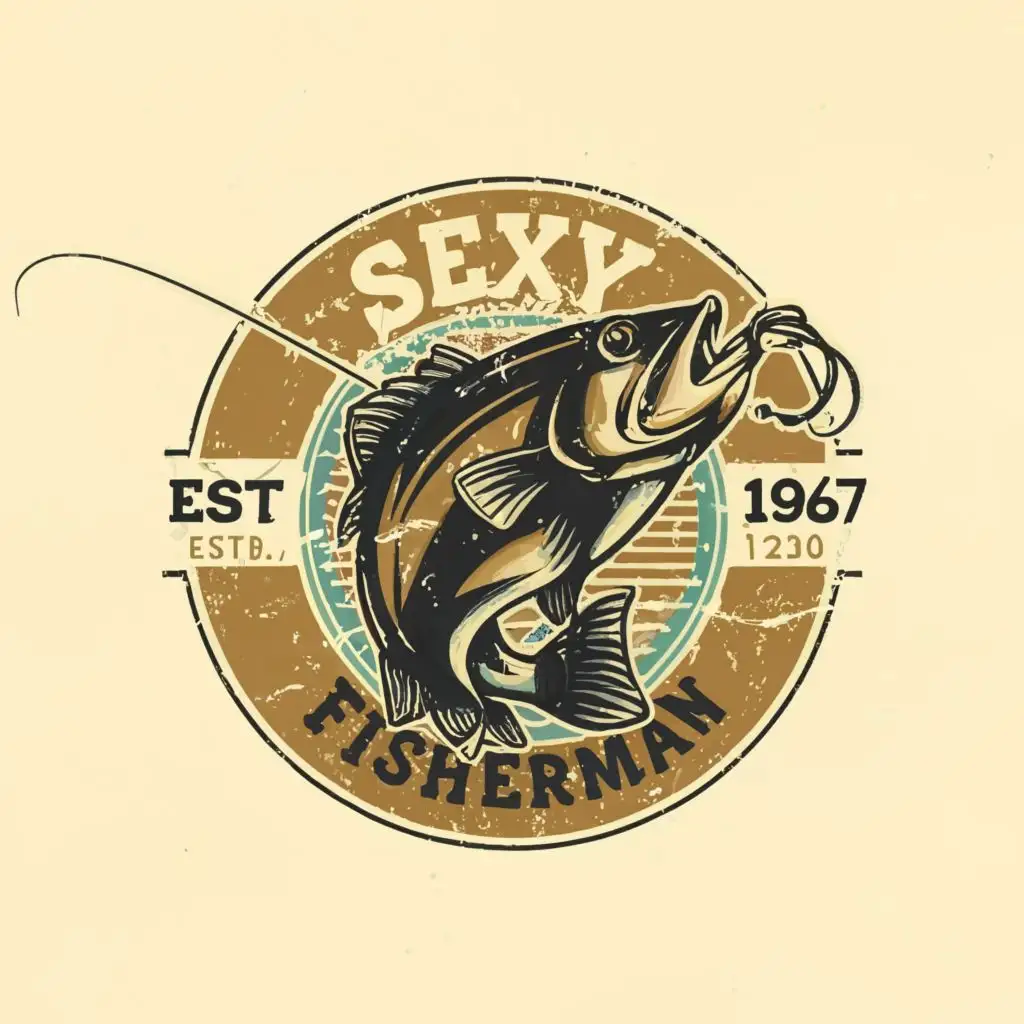 logo, logo fishing vector , vintage  faded design 
Contour, Vector, White Background, highly Detailed, sharp outlined image, no jagged edges, vibrant colors, large image, typography
, with the text "Sexy Fisherman", typography