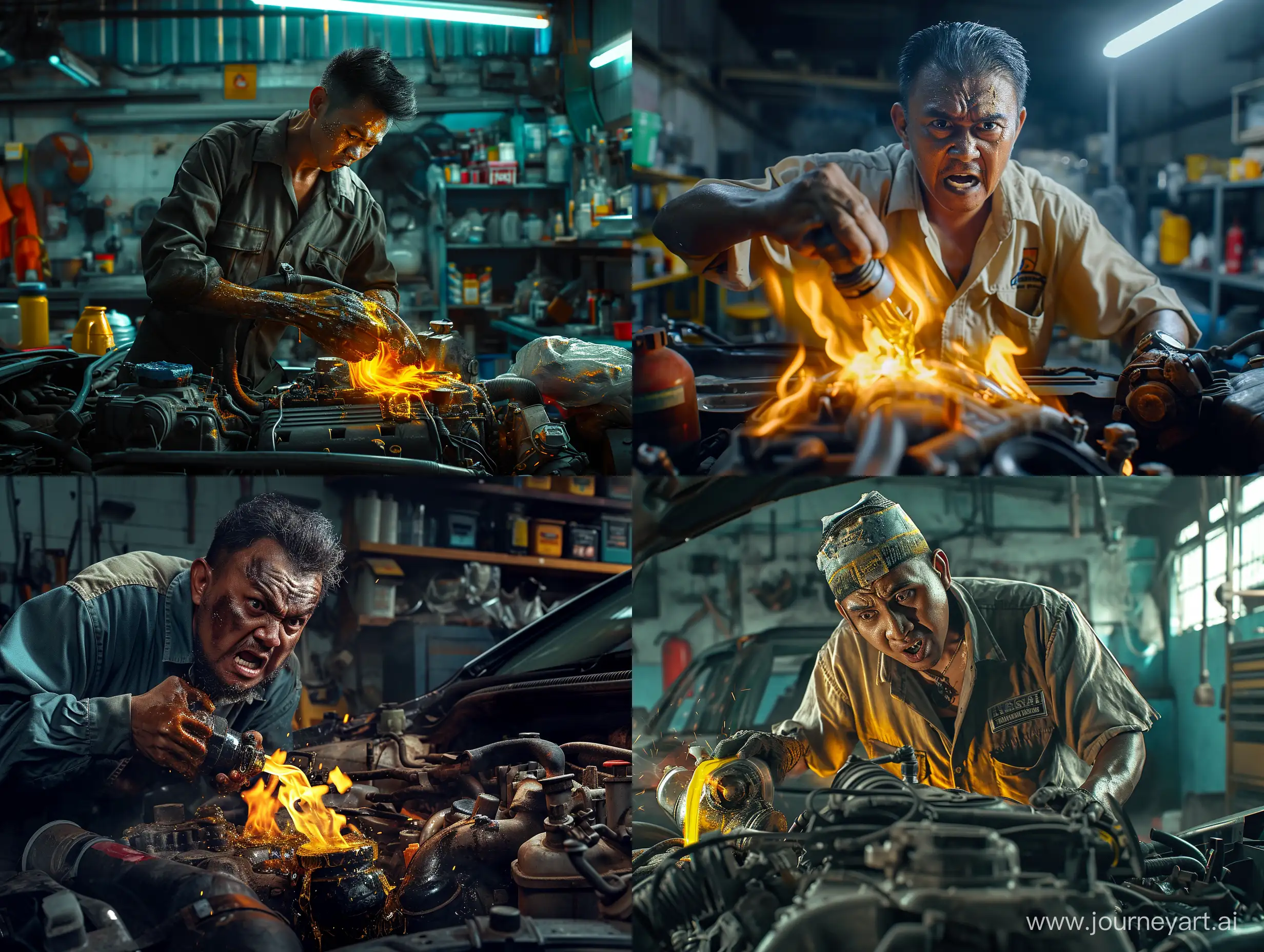 ultra realistic, angry malay mechanic fills the burning oil into the car engine, modern workshop, canon eos-id x mark iii dslr --v 6.0
