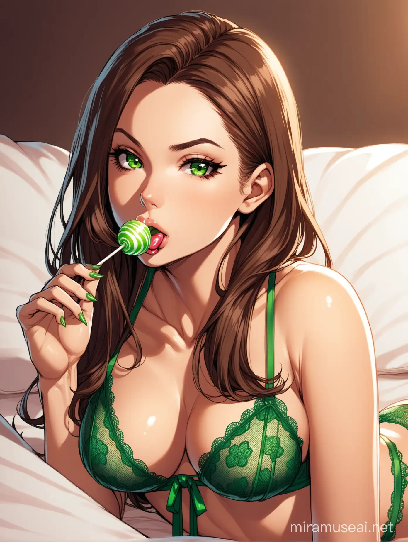 Rogue (from X-men) laying in bed, wearing a green lace lingerie, her BROWN HAIR with WHITE STREAKS is half up, tied with a green ribbon, she is licking a lollipop, seductive expression 