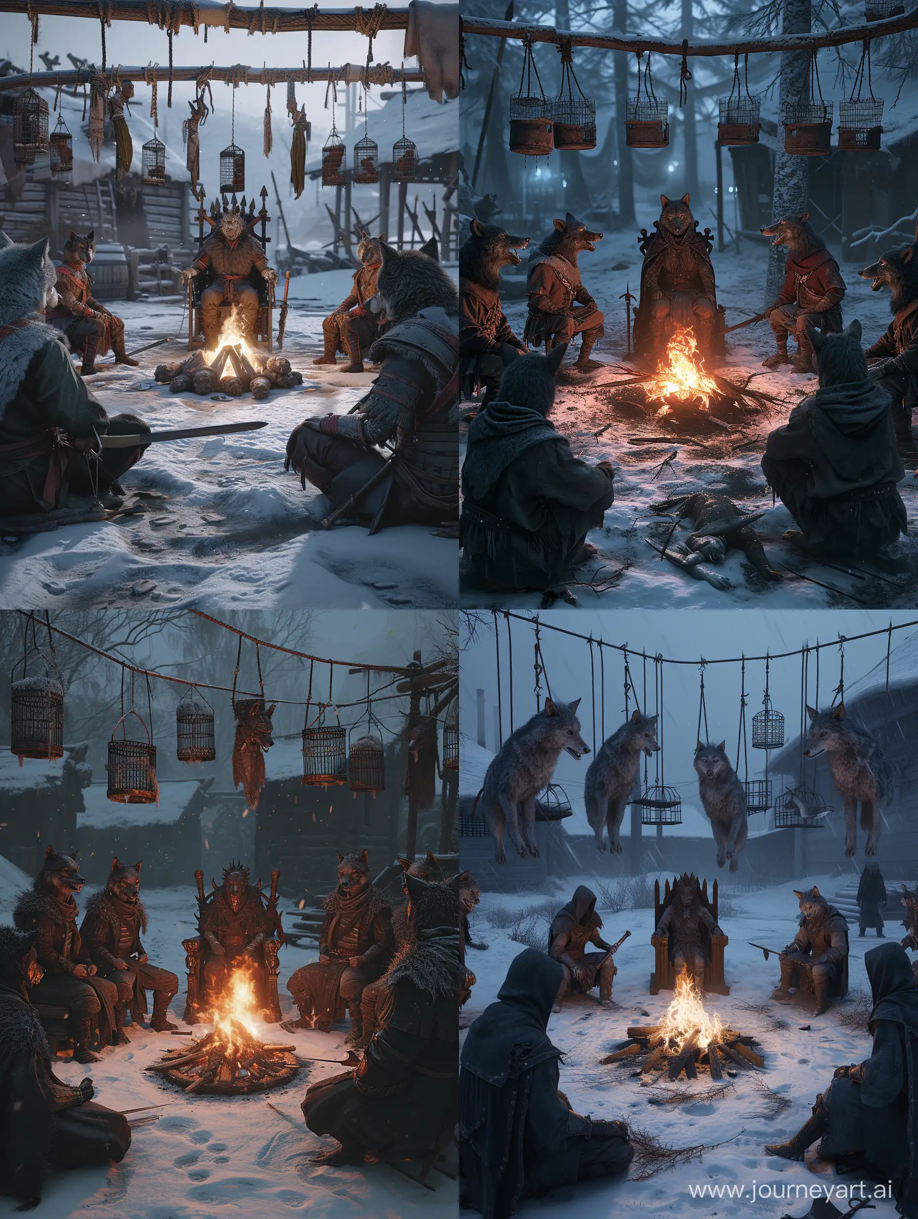 warriors with wolf's head and human body,circle around the fire,The leader of the wolves sitting on throne in the middle,in snowy horror camp,hanging Gibbet cages In the background,fierce,furious,irate,Detailed clothing,incredible detail,terrifying,Digital Art,Imaginary image,fantasy,Unreal engine 5.
