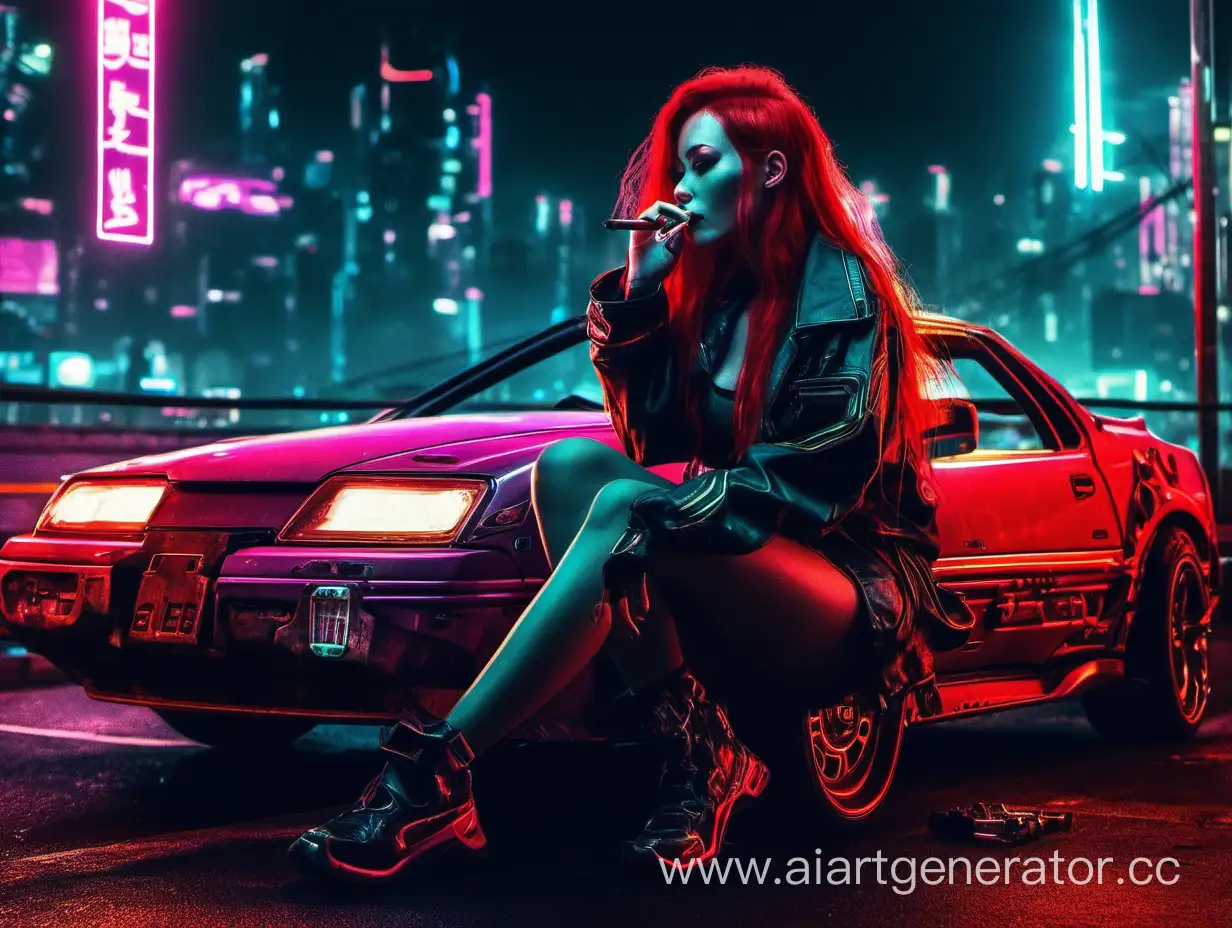 Cyberpunk, car, night, neon, girl with long red hair smokes