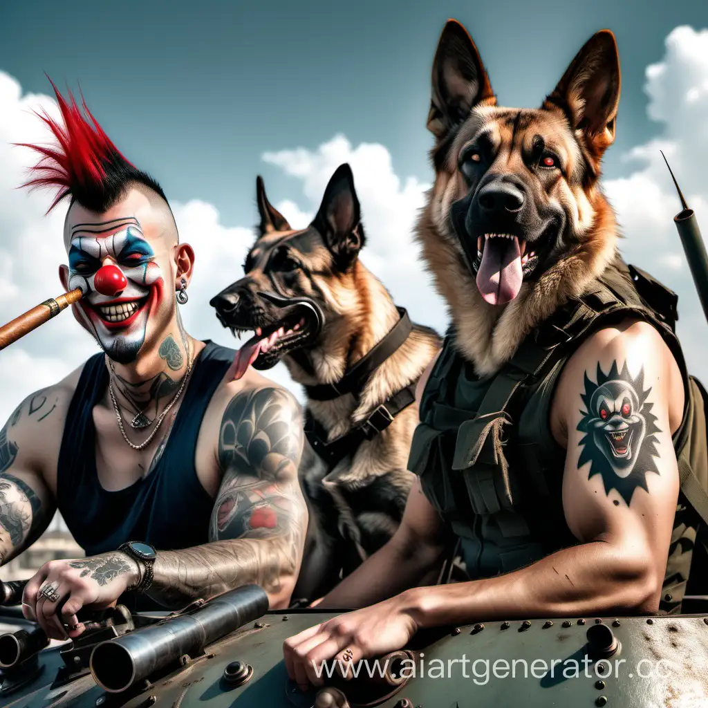 Sinister-Clown-with-Mohawk-Hair-Sitting-on-Tank-Turret-with-German-Shepherd
