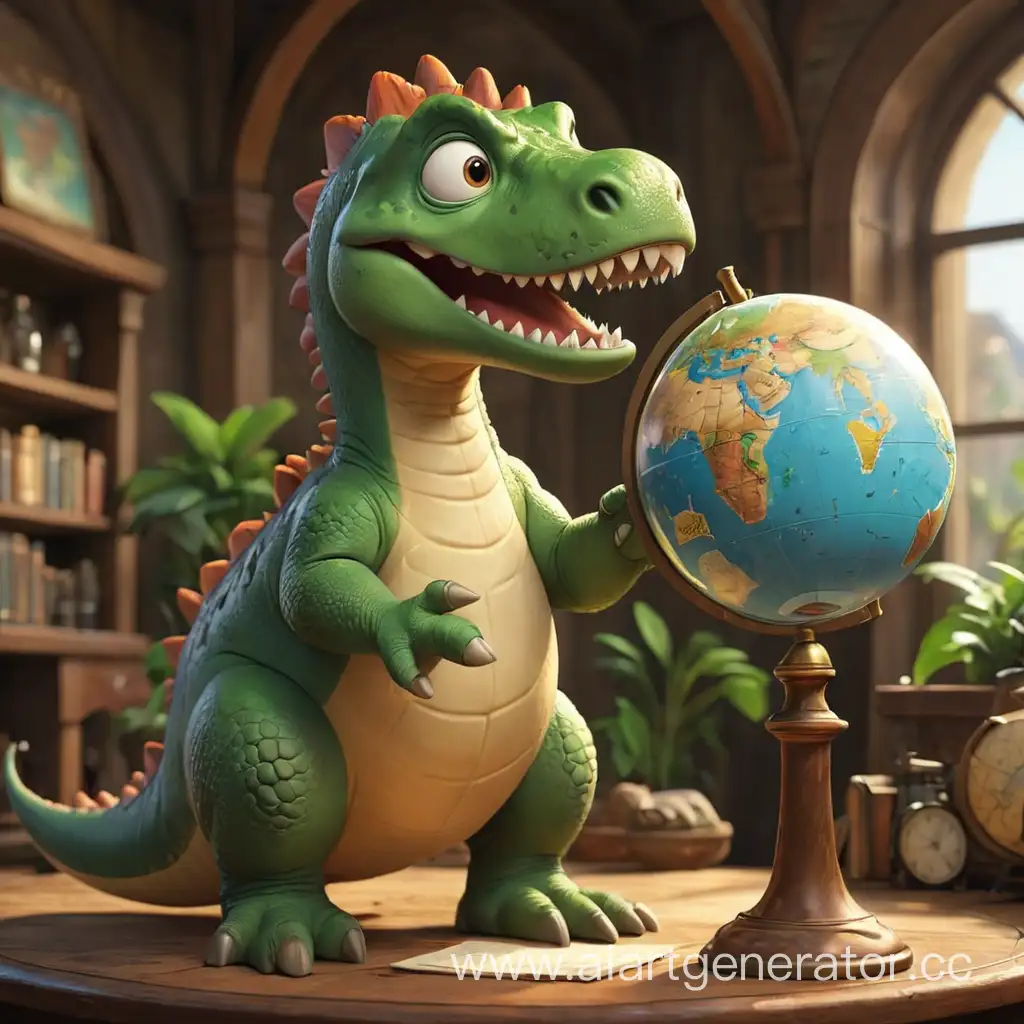 Cartoon-Dinosaur-Holding-Globe-and-Bottle-Playful-Prehistoric-Creature-with-Earthly-and-Refreshing-Touch