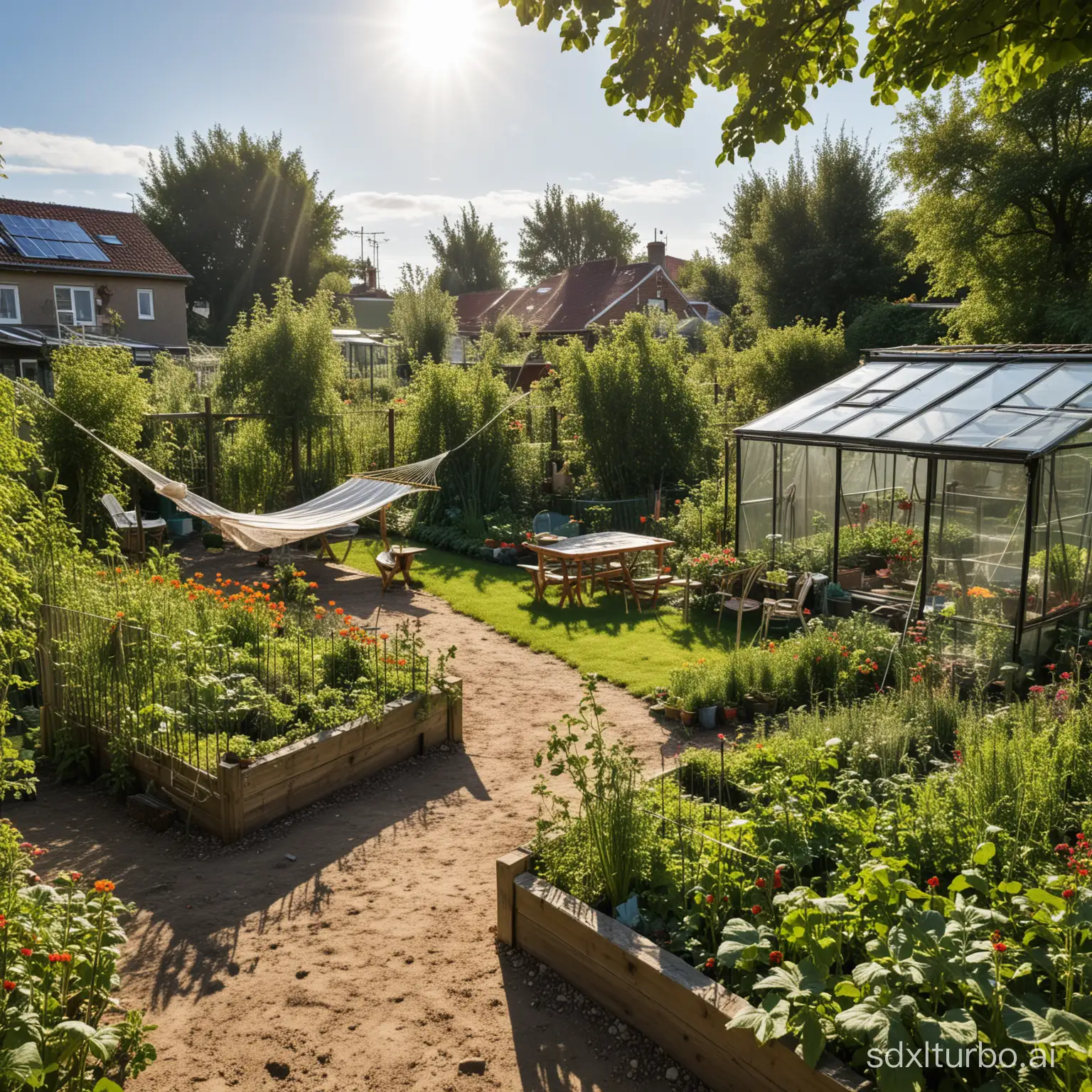 garden plot with a vegetable garden and a barbecue, hammock, greenhouse, all this under the bright sun