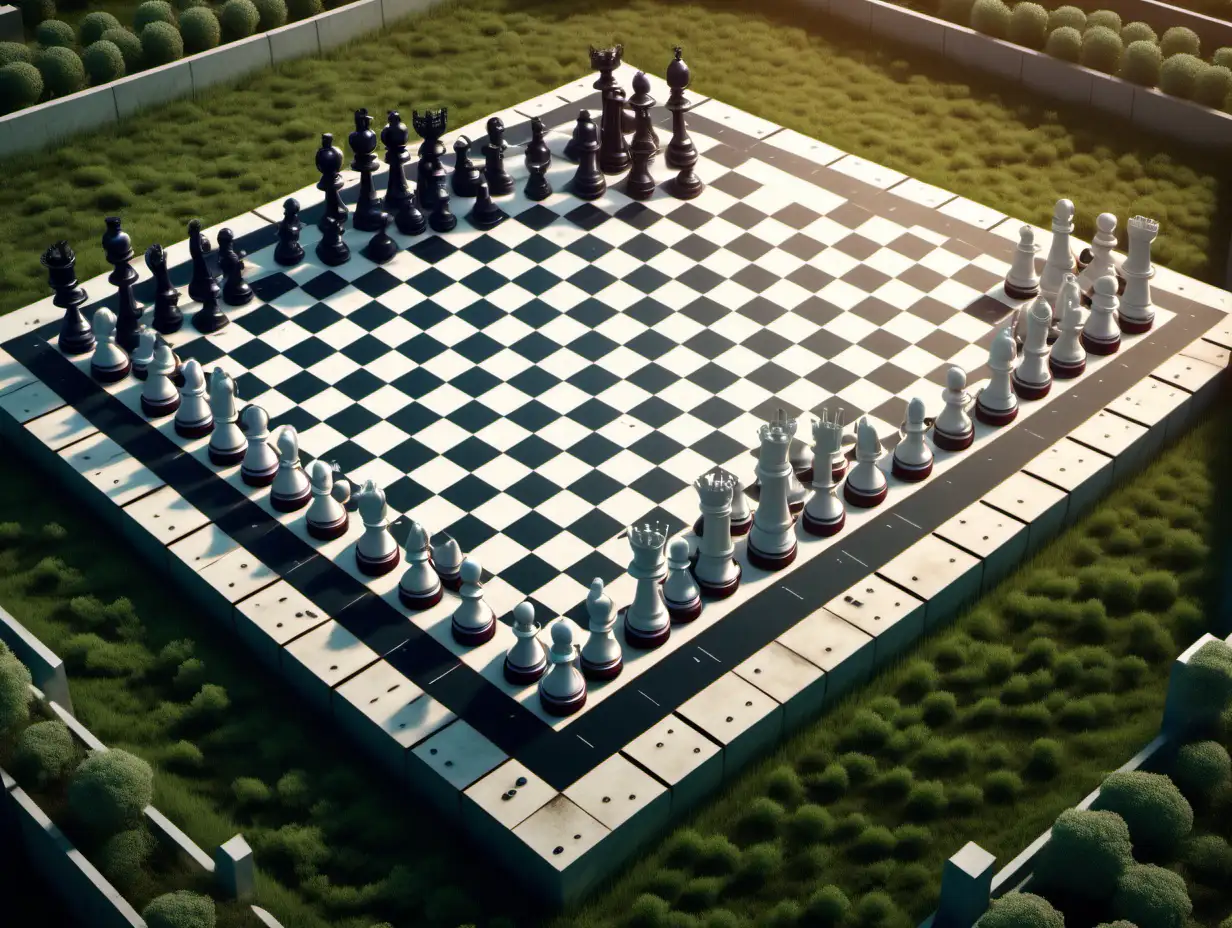 gigantic chess board. field chess. garden chess. futuristic. cyberpunk. very intricately and microscopically detailed. young baddies with thick thighs. ultra realistic. yfcg. landscape view. aerial view.