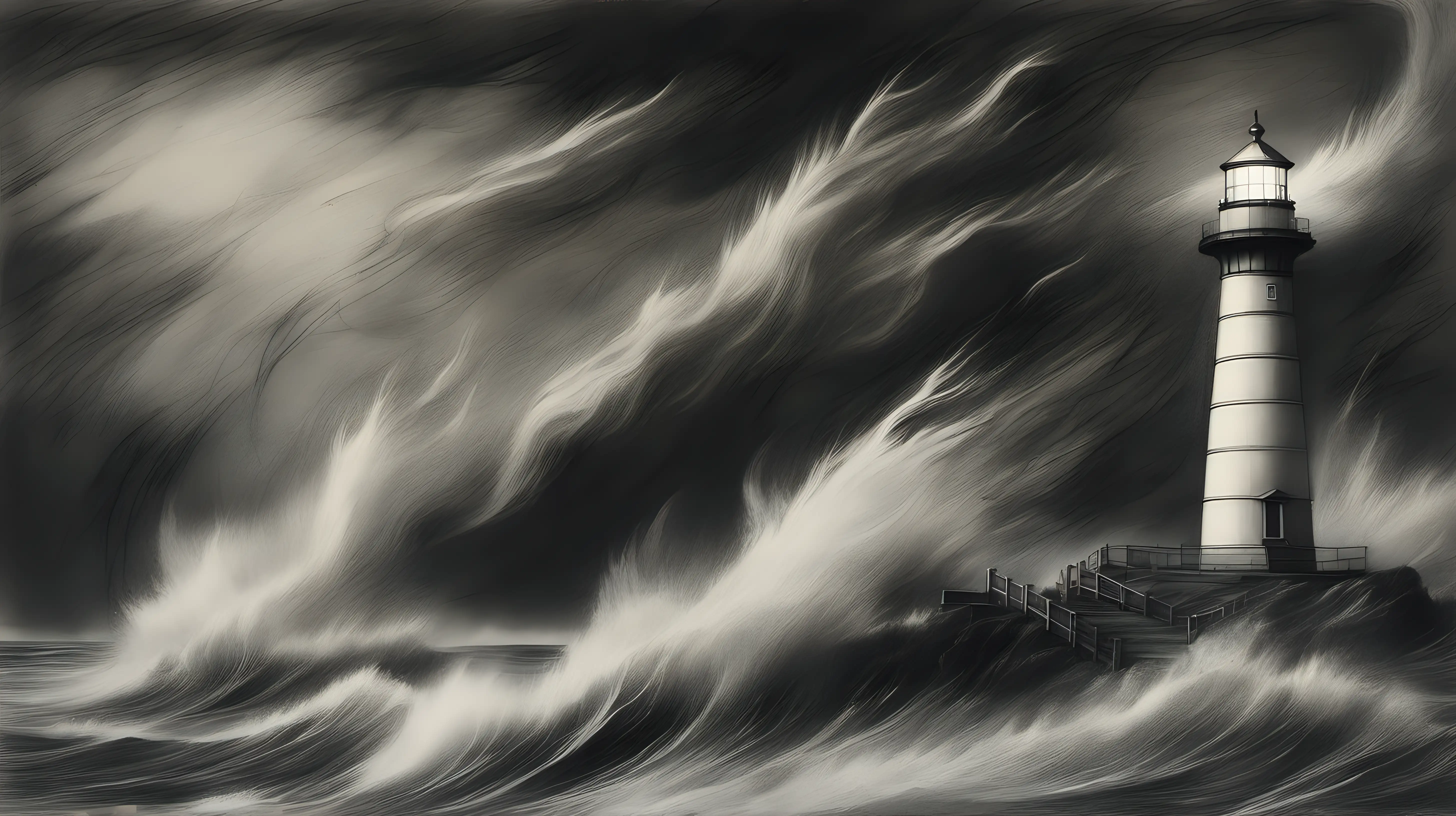 charcoal drawing, lighthouse, wind, storm  