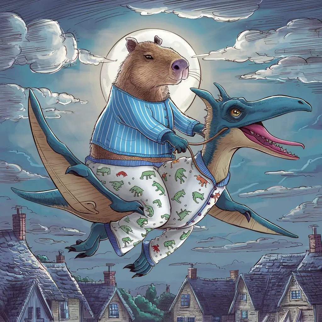 A blue Capybara flying in a pterodactyl with a pyjama