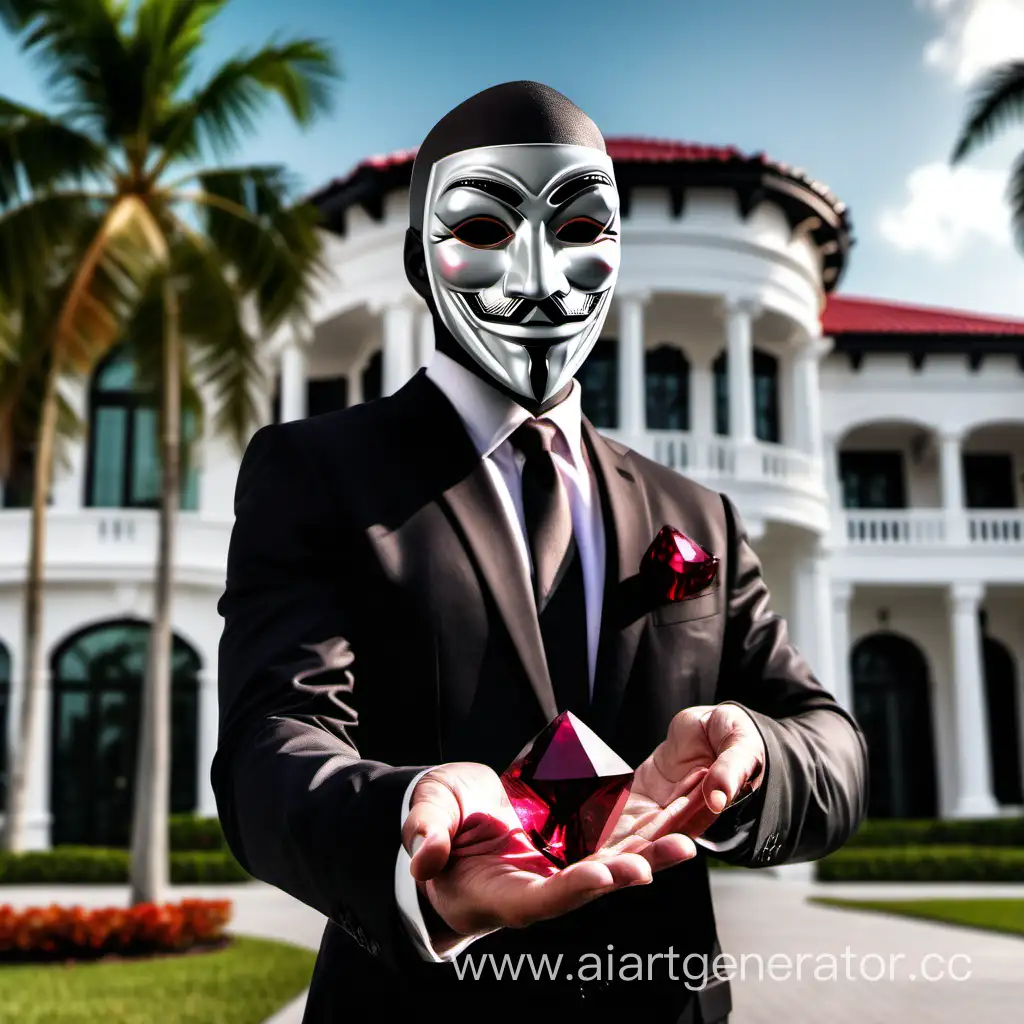 бизнесмен в черном костюме и в маске анонимуса держит в руке кристалл рубина на заднем фоне богатый особняк в Майами и пальма