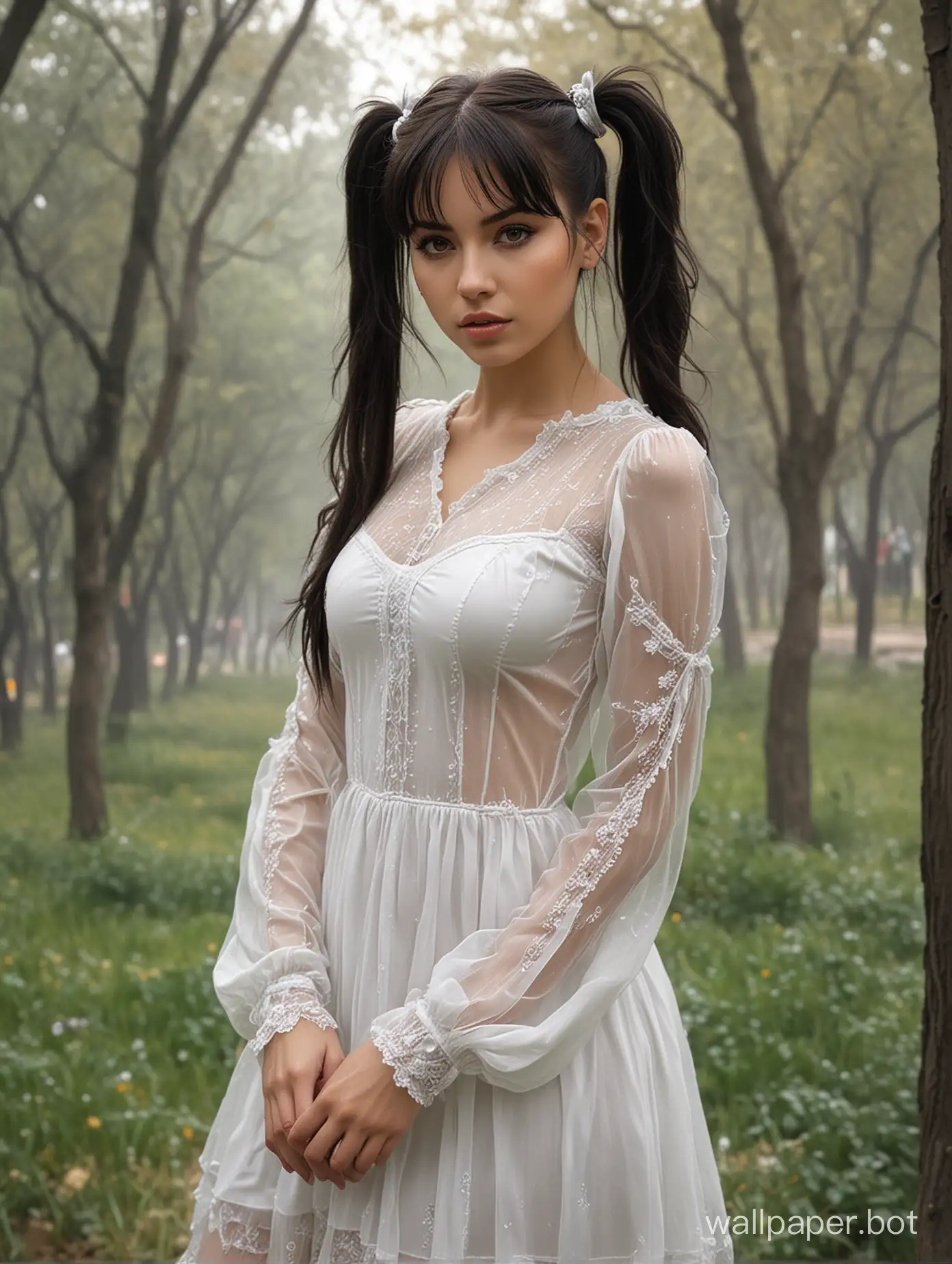 Оксана Почепа 25 лет темные волосы с хвостиками 6 размер груди узкая талия В белом прозрачном платье держит В парке высокая реалистичность Стиль Луис Ройо