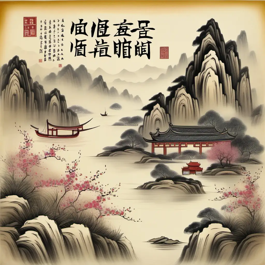 Chinese Landscape Painting with flowers art and Chinese poem text with sailor 
