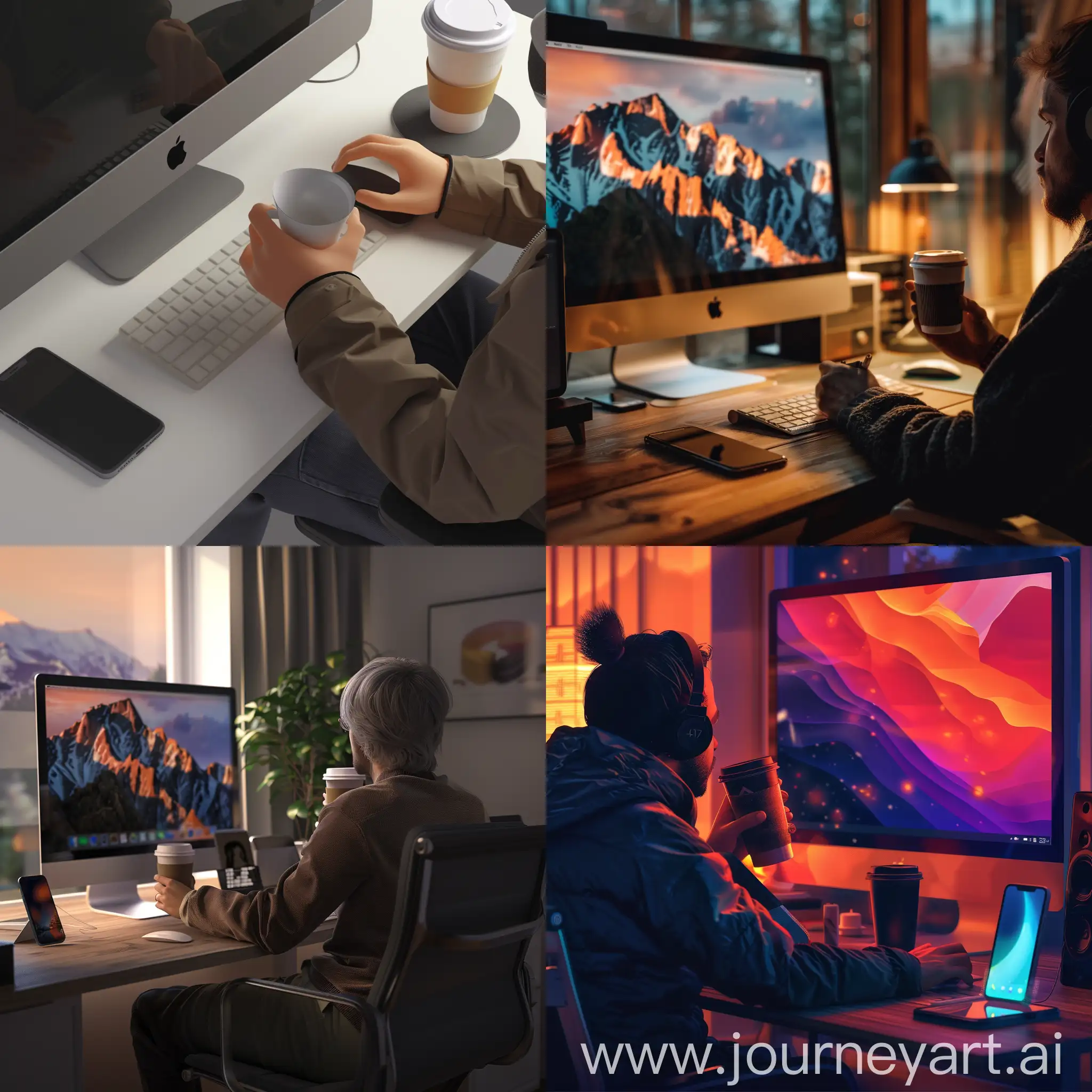 criar uma imagem 4k realista de uma pessoa sentada a frente ao computador trabalhando e tomando um cafe com um iphone ao lado