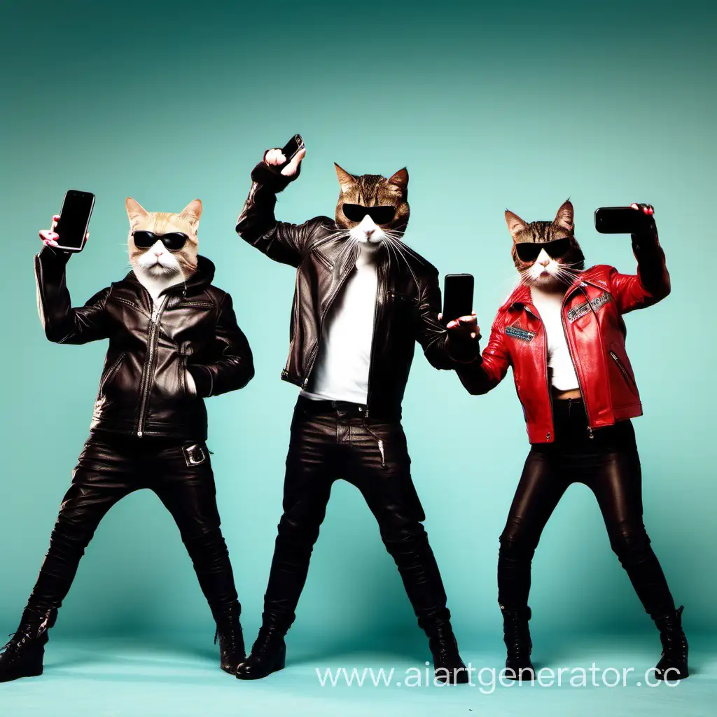 Synchronized-Feline-Groove-Cats-in-Leather-Jackets-Dancing-with-Sunglasses-and-Phones