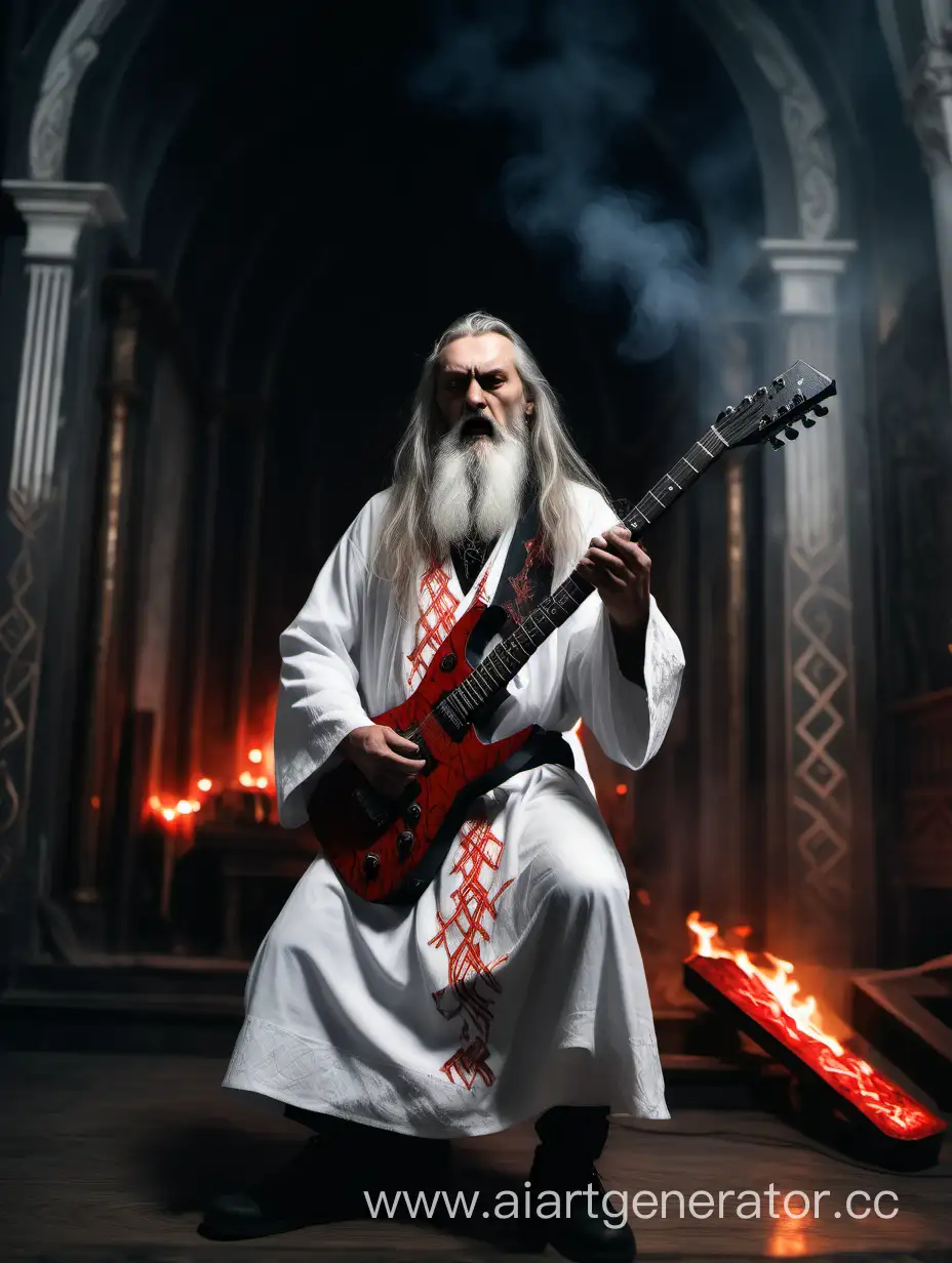 A Slavic sorcerer with a long gray beard and in a Slavic white pagan robe with red runes plays a black electric guitar in a burning church 