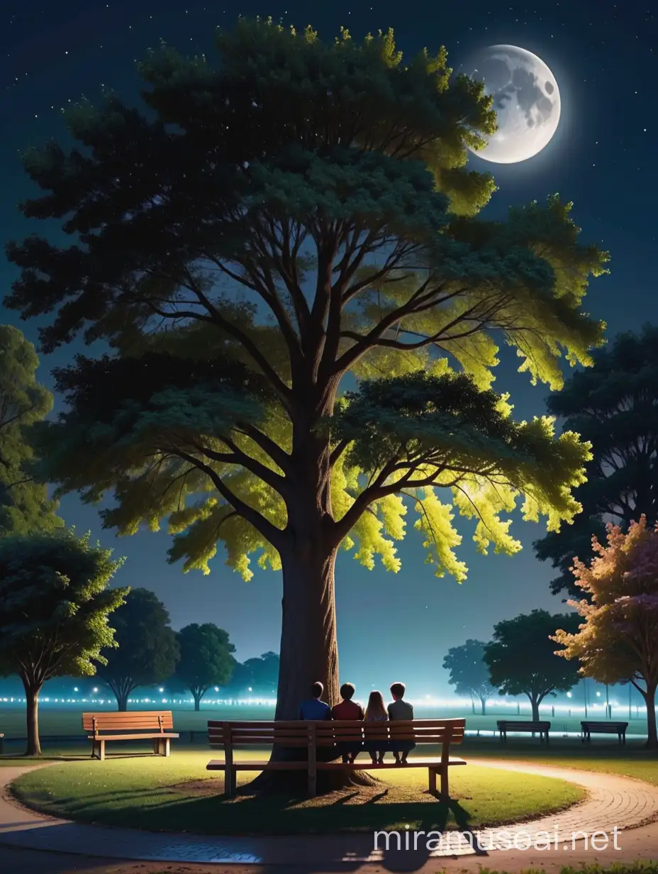 Big tree in the corner and new moon in the middle top, in the night moon's light many boys and girls shadows sitting on bench
