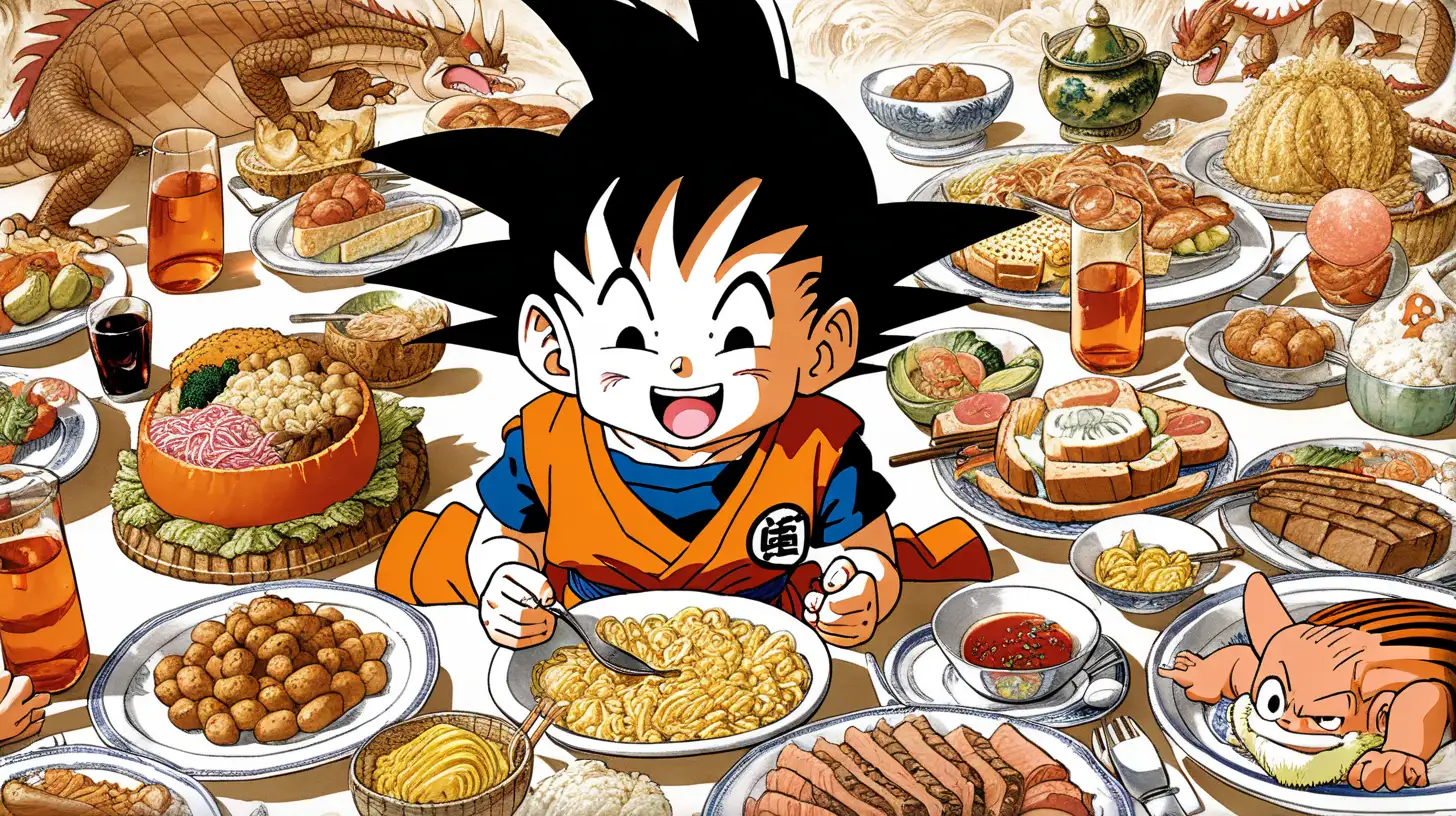 kid Goku from Dragon Ball, happily eating at a giant feast.