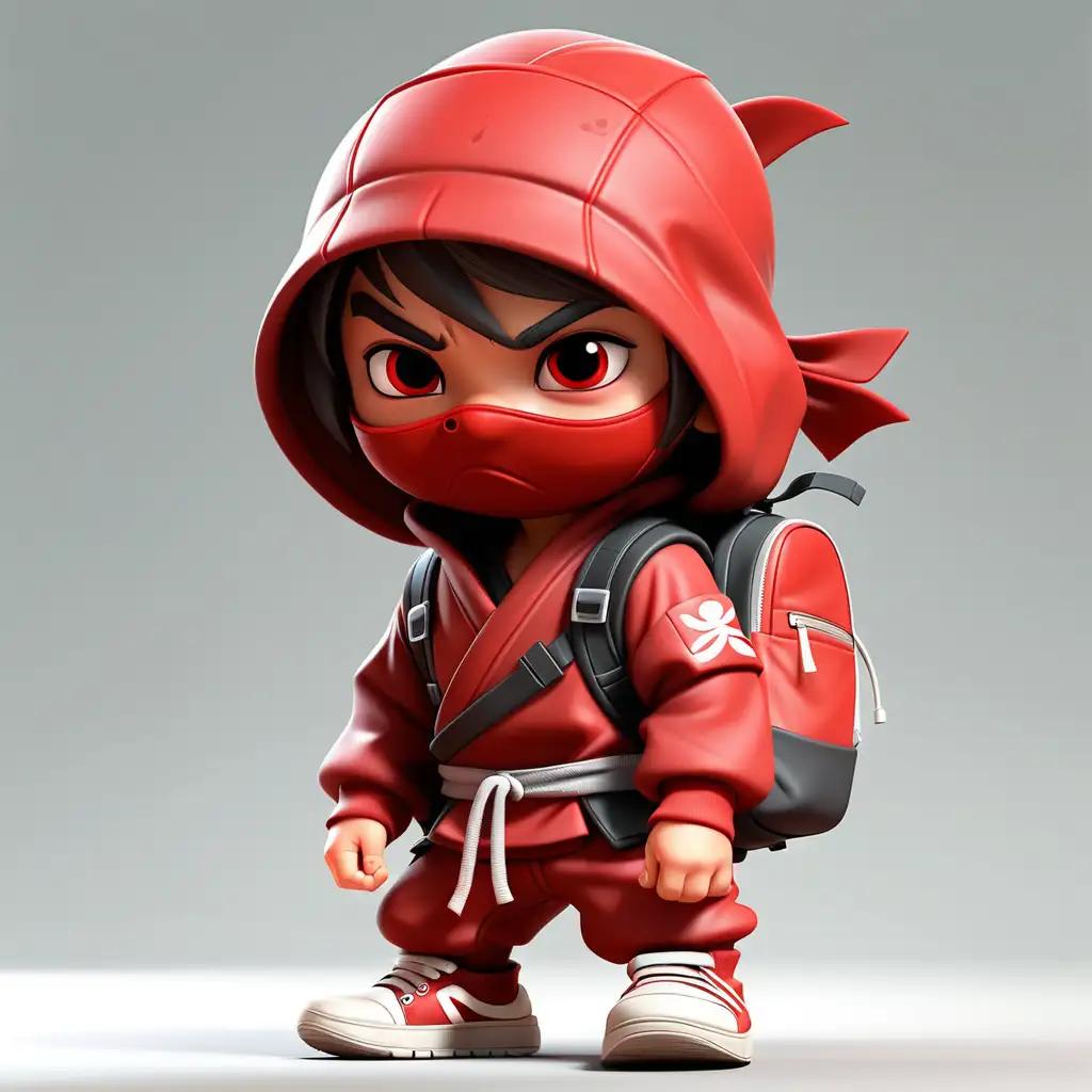 kleiner süßer ninja mit einem Rucksack auf, er schaut zur Seite, Gesicht verdeckt, trägt sneaker, rotes outfit, hohe details