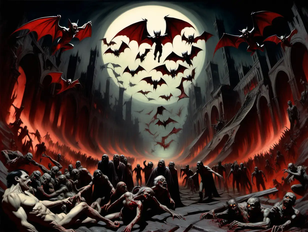 Dantes 9 Circles of Hell with Zombies and Vampire Bats PostApocalyptic Photorealism by Frank Frazetta