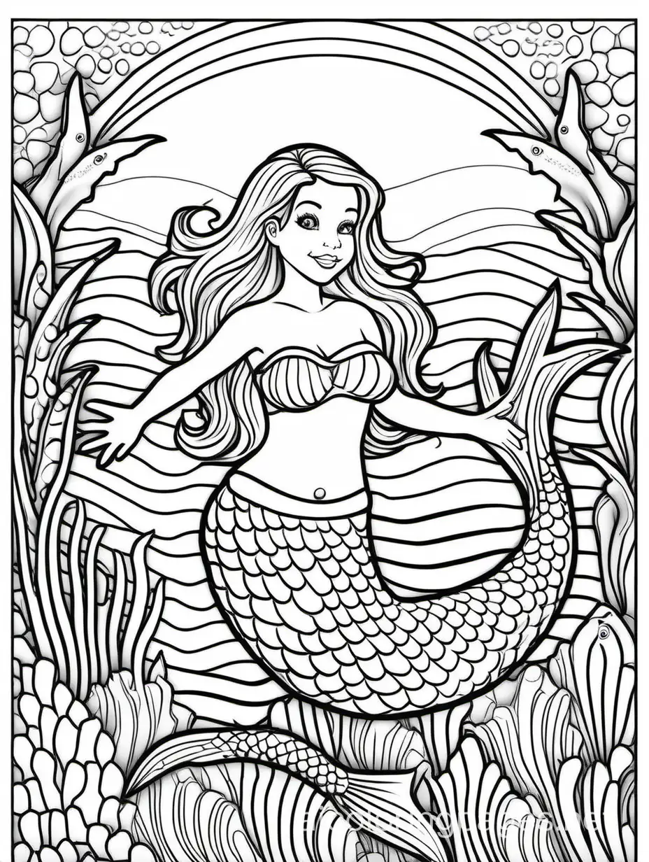 mermaid for kids and ocean animals, Coloring Page, black and white, line art, white background, Simplicity, Ample White Space. The background of the coloring page is plain white to make it easy for young children to color within the lines. The outlines of all the subjects are easy to distinguish, making it simple for kids to color without too much difficulty