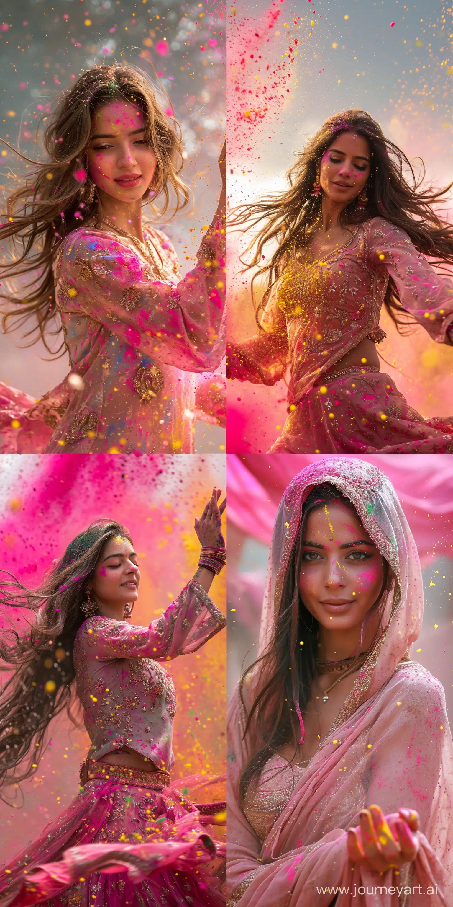 holi images with a beautiful Punjabi wo dancing around in colored paints, in the style of light gray and light bronze, spiritual meditations, dark gold and pink, bold and vibrant primary colors, expressive facial features, hurufiyya --ar 1:2 --stylize 250 --v 6