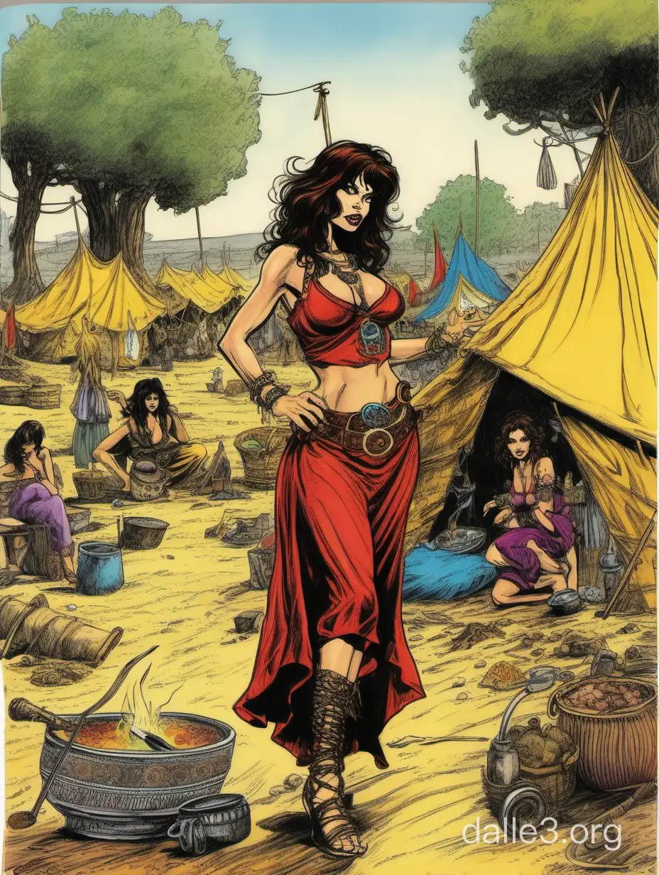 comic art, a Susanna Hoffs:gypsy, in a fantasy gypsy camp, by Erol Otus,