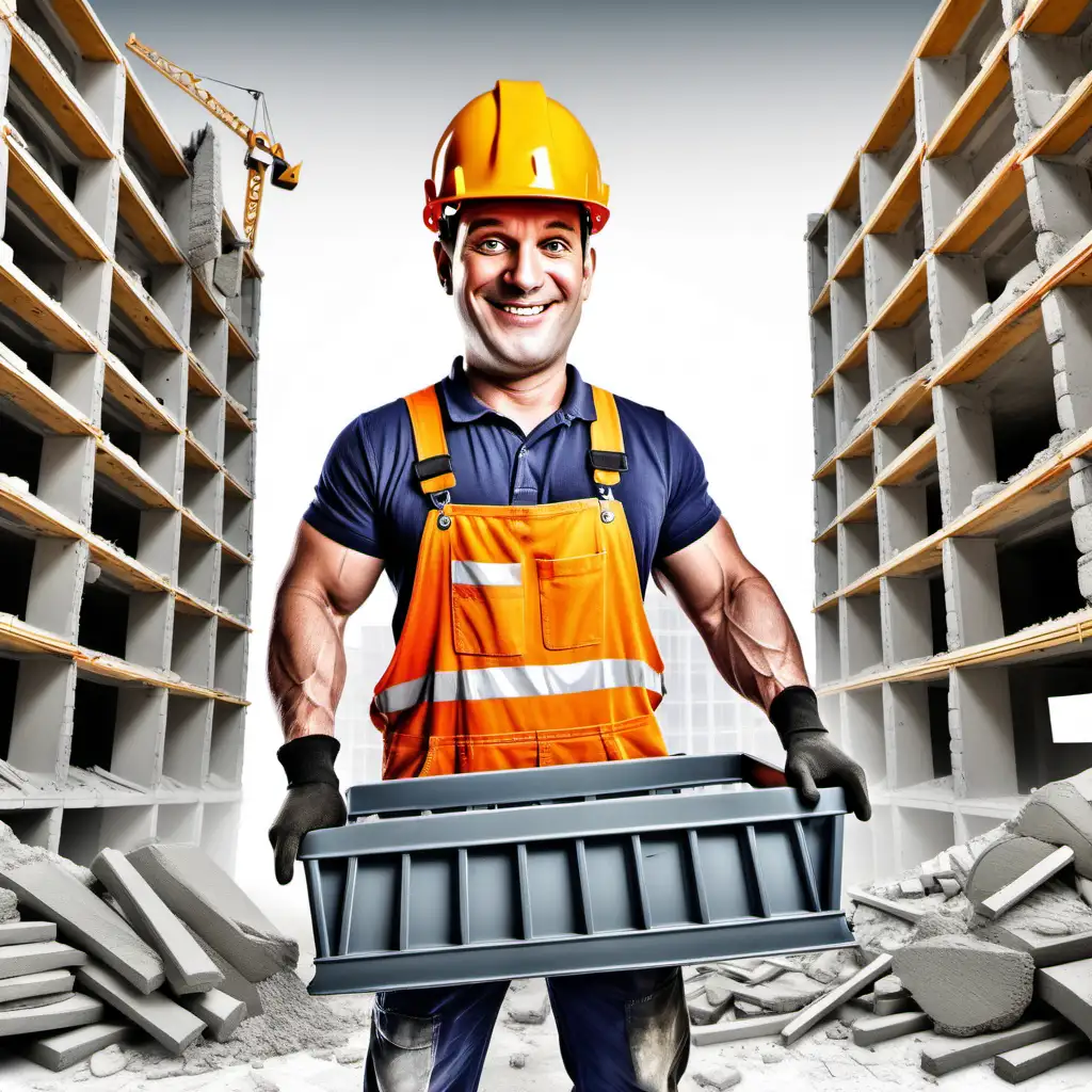 Smiling Strong Male Laborer with Construction Trolley and Tools in Cartoon Style