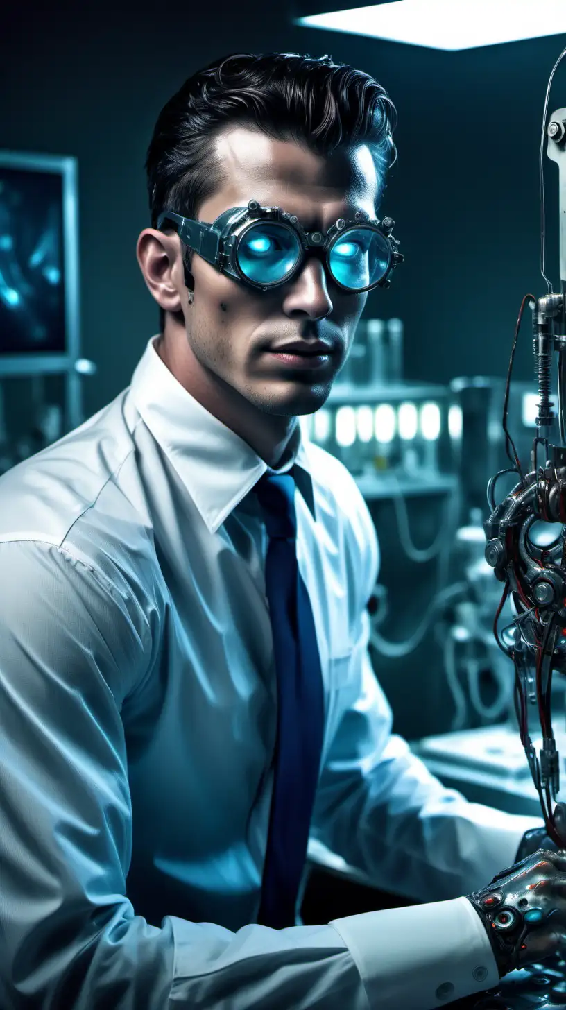 Rugged Cyborg Repairing Himself in HighTech 1950s Laboratory