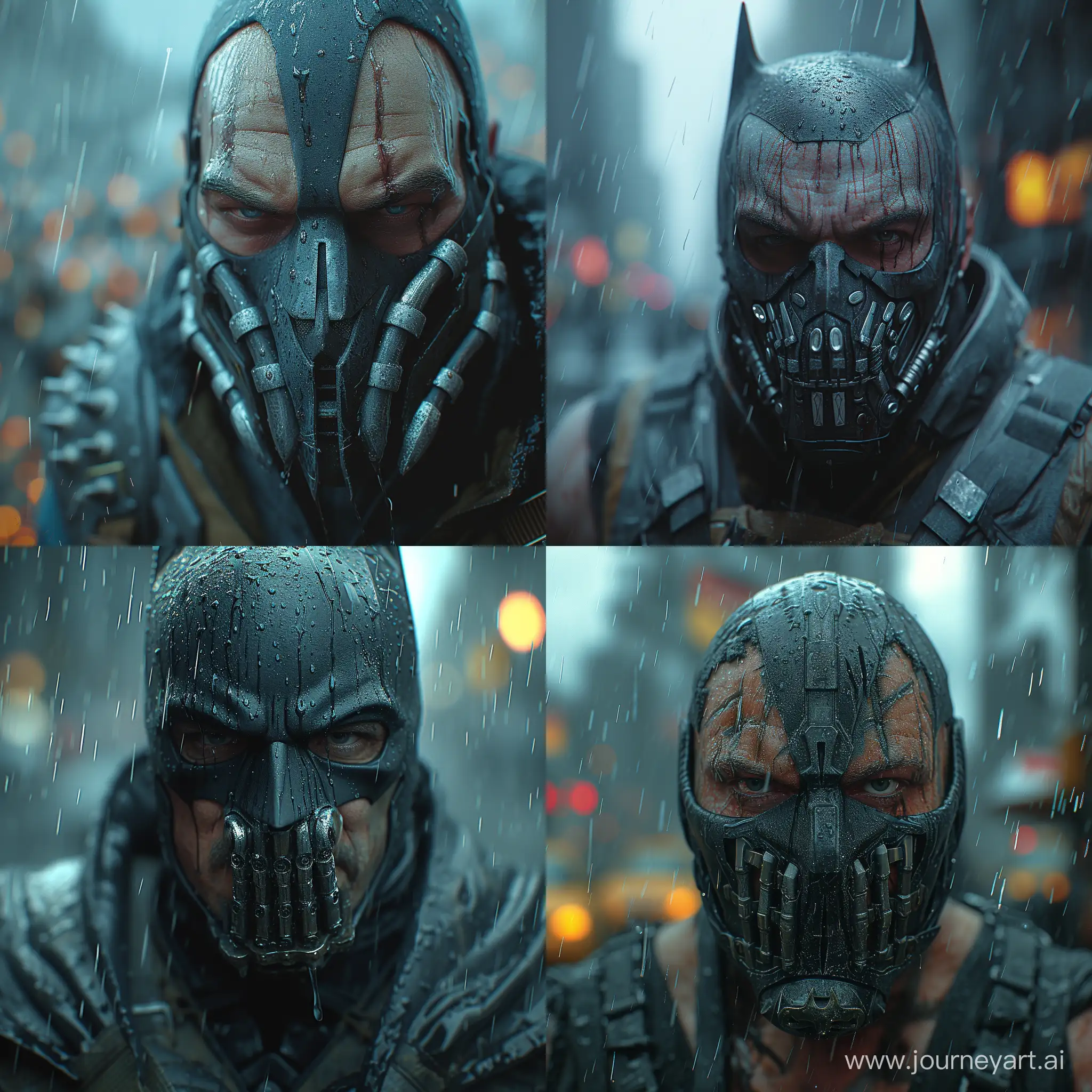 Create a realistic and dynamic image of Bane in Gotham City, with a close-up depth of field, set in the rain. The image should capture the essence of Gotham City's atmosphere and Bane's character, incorporating a stylized approach. Pay attention to detail and realism, and ensure that the image conveys a sense of drama and intrigue no batman --stylize 750 --v 6