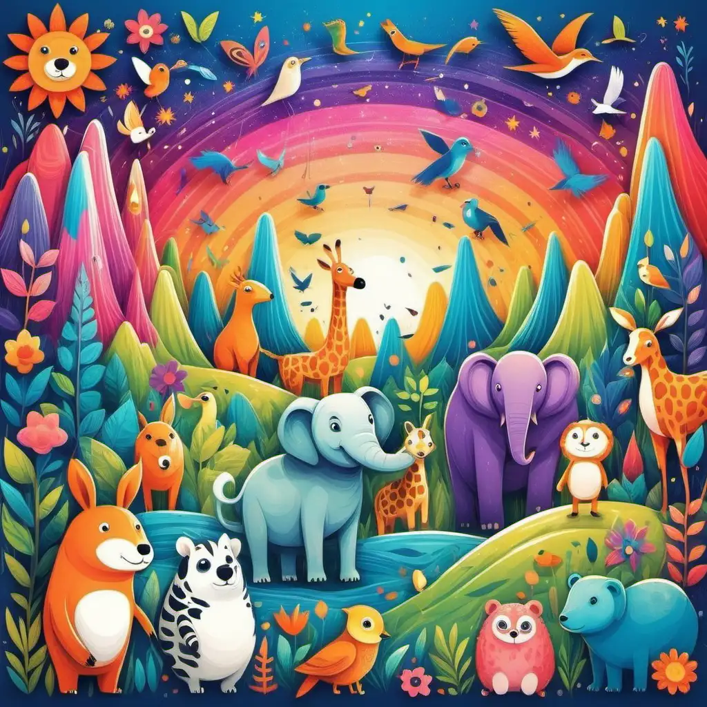 Whimsical and Colorful Design with Favorite Animals and Vibrant Landscapes
