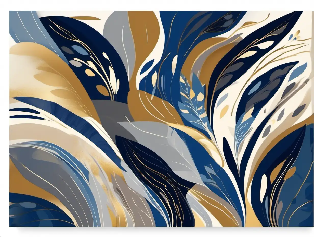 Contemporary Organic Abstract Art Millennial Biophilic Composition in Blue Gold Grey Beige and Dark Blue