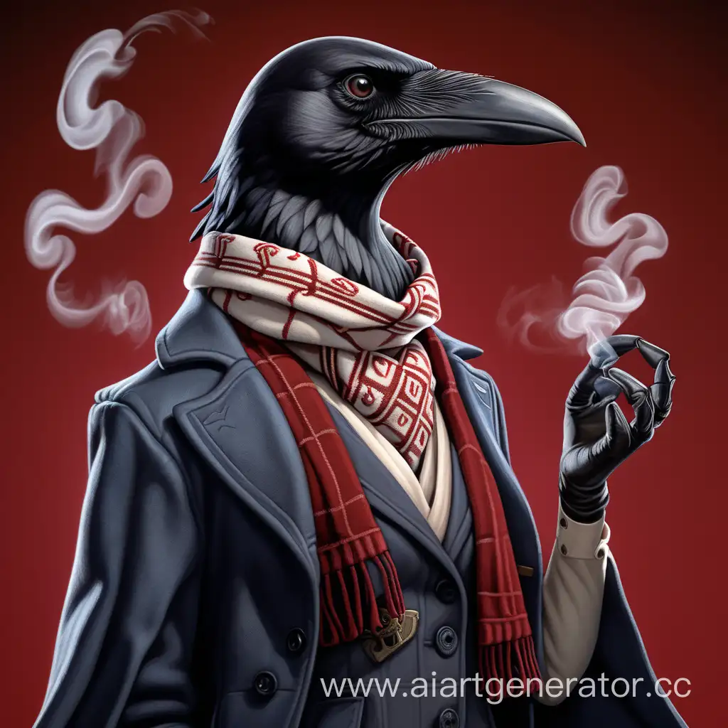 Kenku female detective, American crow head, photorealistic, call of cthulhu, majestic, smoke trails background, hellraiser box in hands, 1920, red and white patterned woolen scarf, English coat, bird-like hands, anthropomorphic character