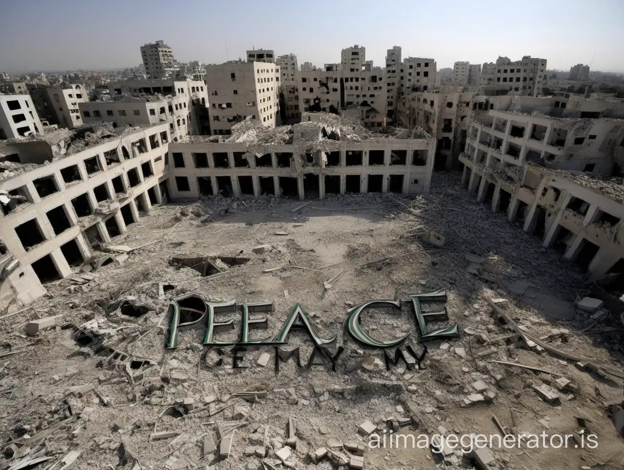 destroyed palaces in Palestine forming the word peace in Gaza
May the world be free from disputes