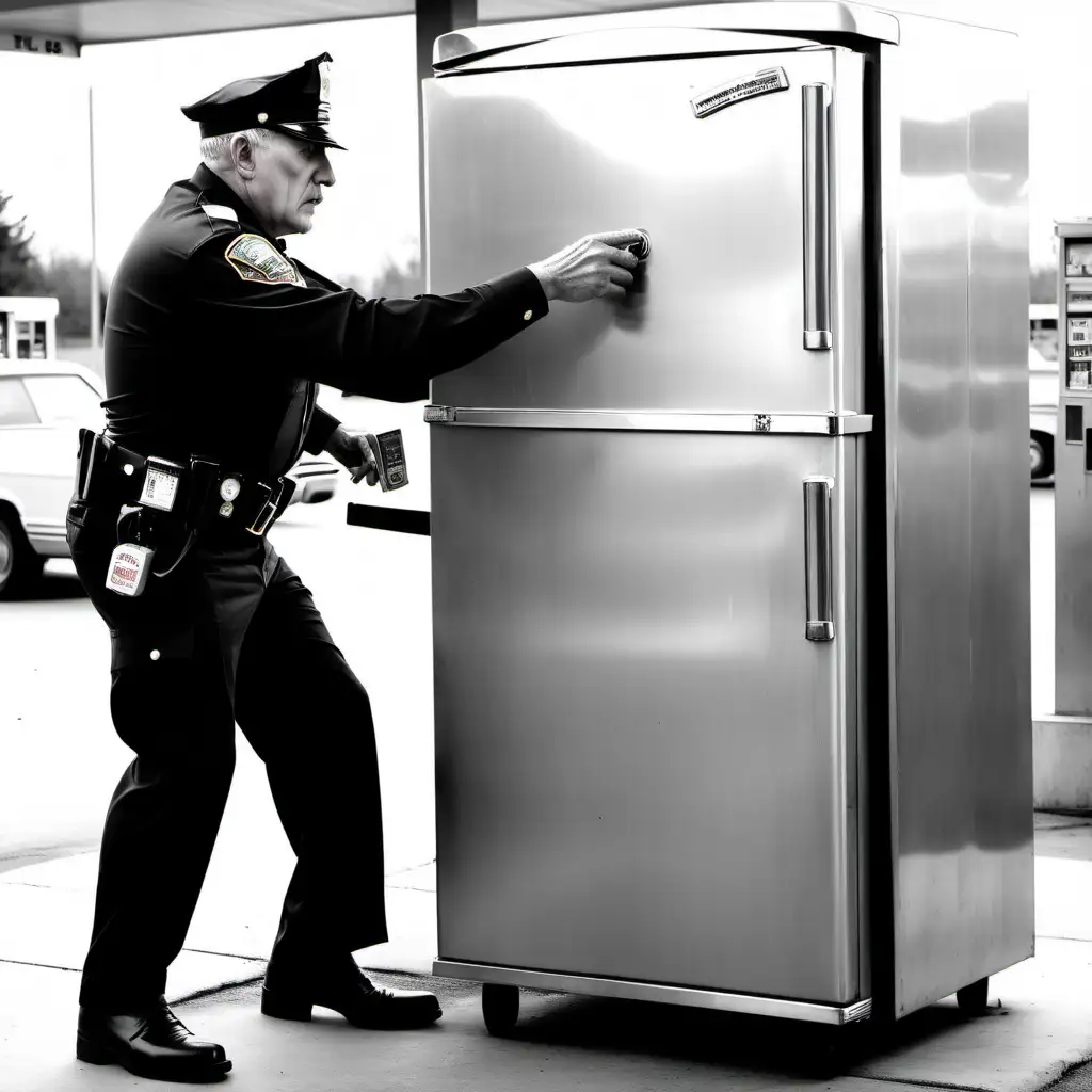 old American cop kicking an old style fridge at a gas station
 