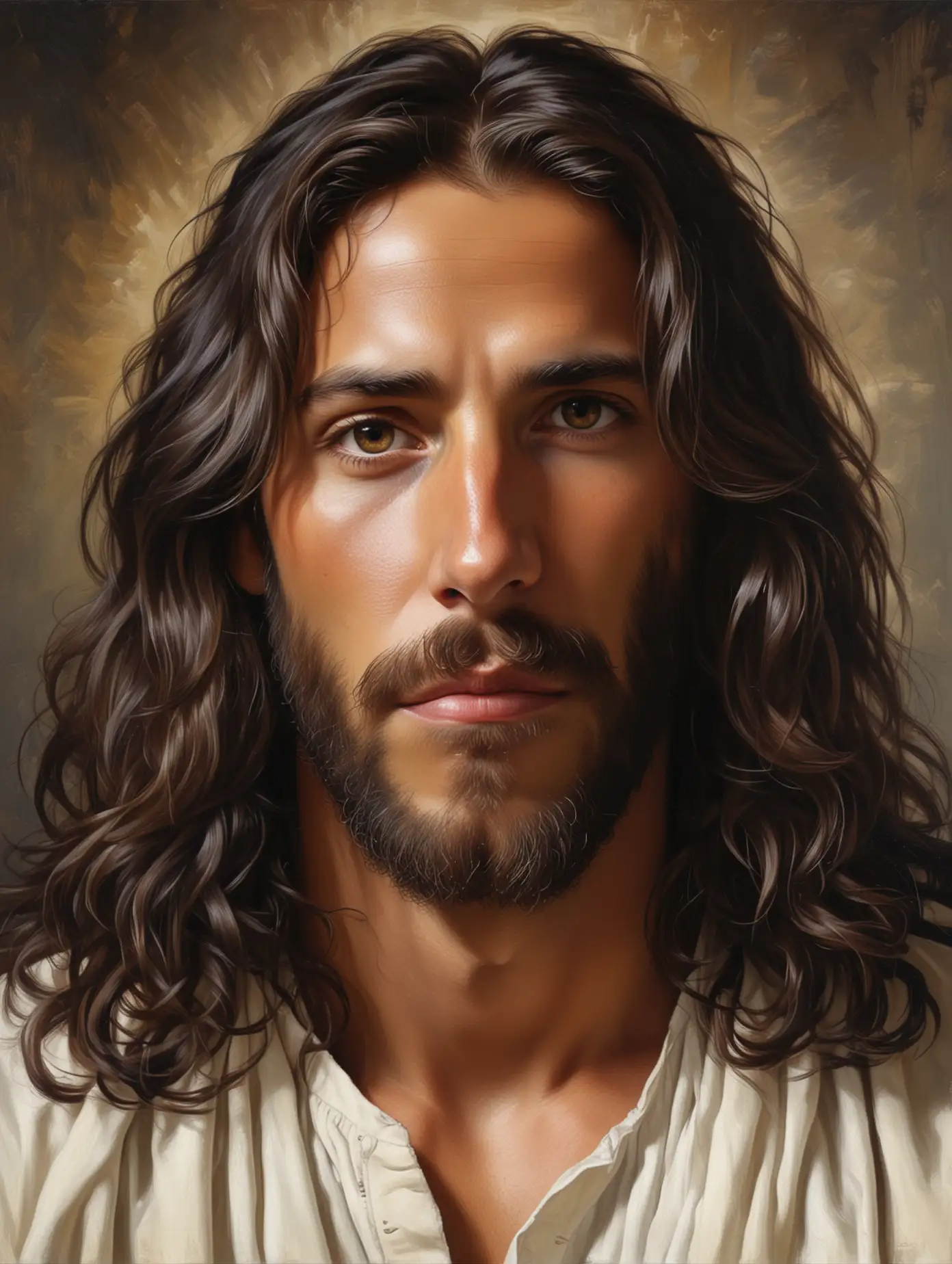 Portrait of Jesus with Dark Wavy Hair and Piercing Brown Eyes